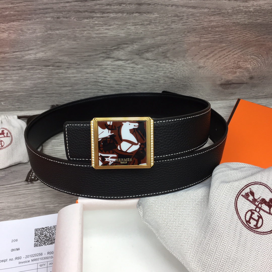 Hermès-Gürtel aus schwarzem Leder mit Emaille-Schnalle - EUR FASHION