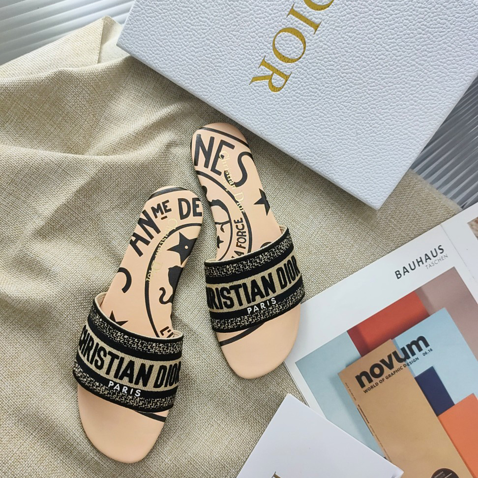 Dior Beige Jute Canvas bestickt mit Dior Union Motiv Dway Slide - EUR FASHION