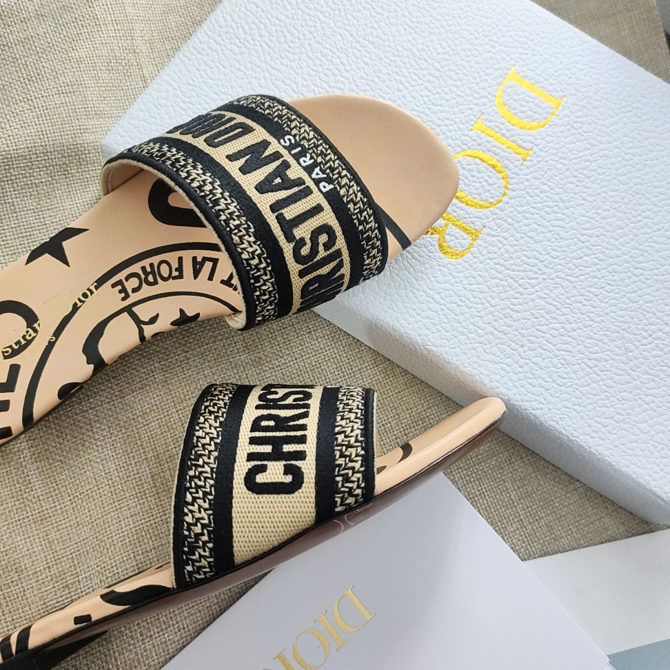 Dior Beige Jute Canvas bestickt mit Dior Union Motiv Dway Slide - EUR FASHION