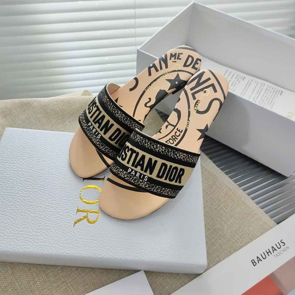 Dior Beige Jute Canvas bestickt mit Dior Union Motiv Dway Slide - EUR FASHION