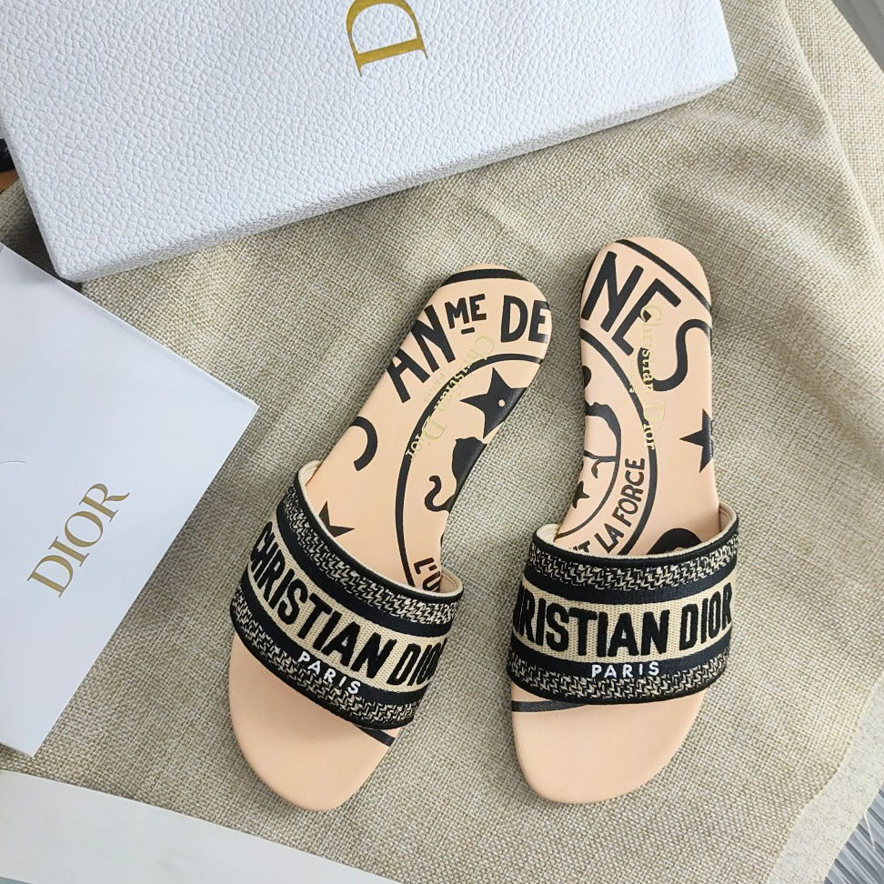 Dior Beige Jute Canvas bestickt mit Dior Union Motiv Dway Slide - EUR FASHION