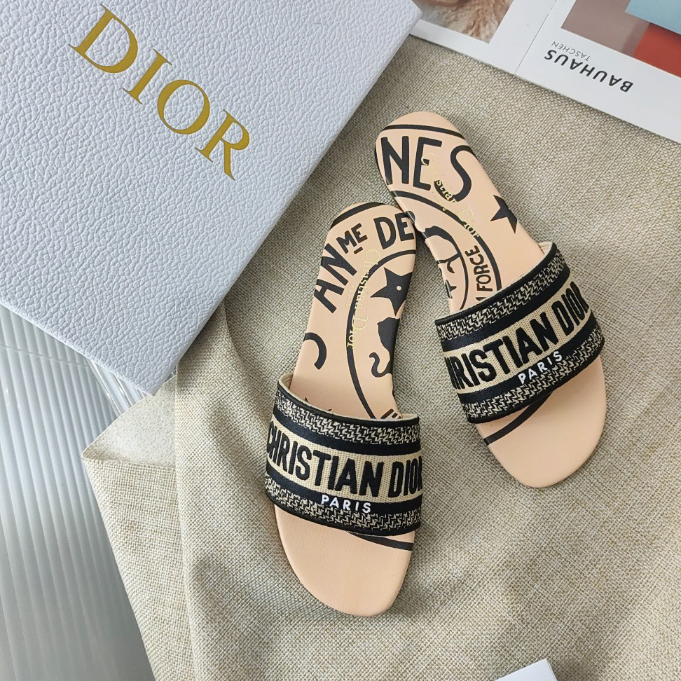 Dior Beige Jute Canvas bestickt mit Dior Union Motiv Dway Slide - EUR FASHION