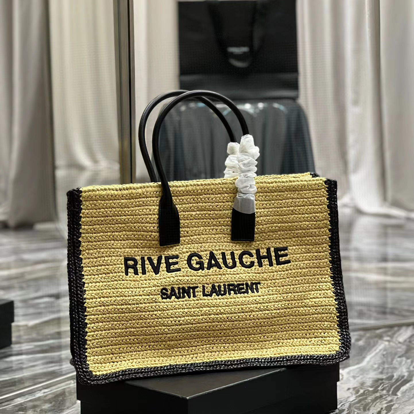 Saint Laurent Rive Gauche Tragetasche aus Bast und Leder (48–36–16 cm) - EUR FASHION