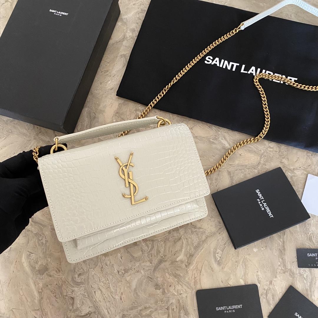 Saint Laurent Sunset Chain-Geldbörse aus glänzendem Leder mit Krokodilprägung - EUR FASHION