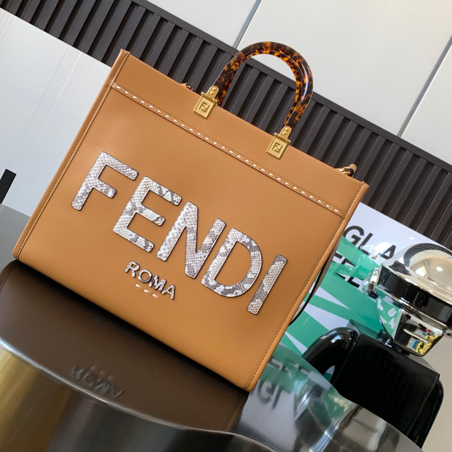 Fendi Sunshine Mittelgroße Einkaufstasche aus hellbraunem Leder und Elaphe - EUR FASHION