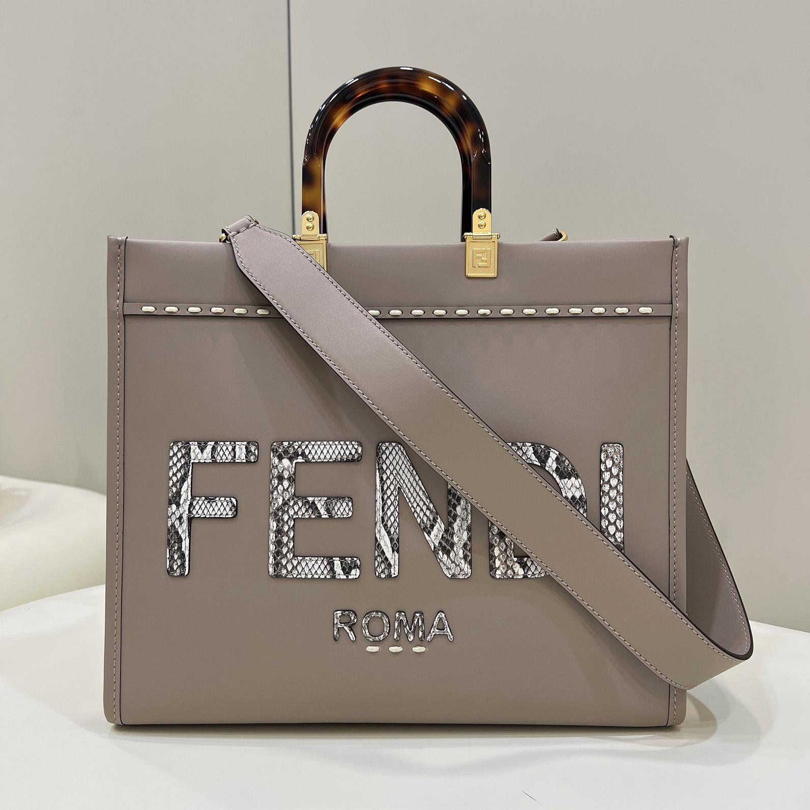 Fendi Sunshine Mittelgroßer Shopper aus beigem Leder und Elaphe - EUR FASHION