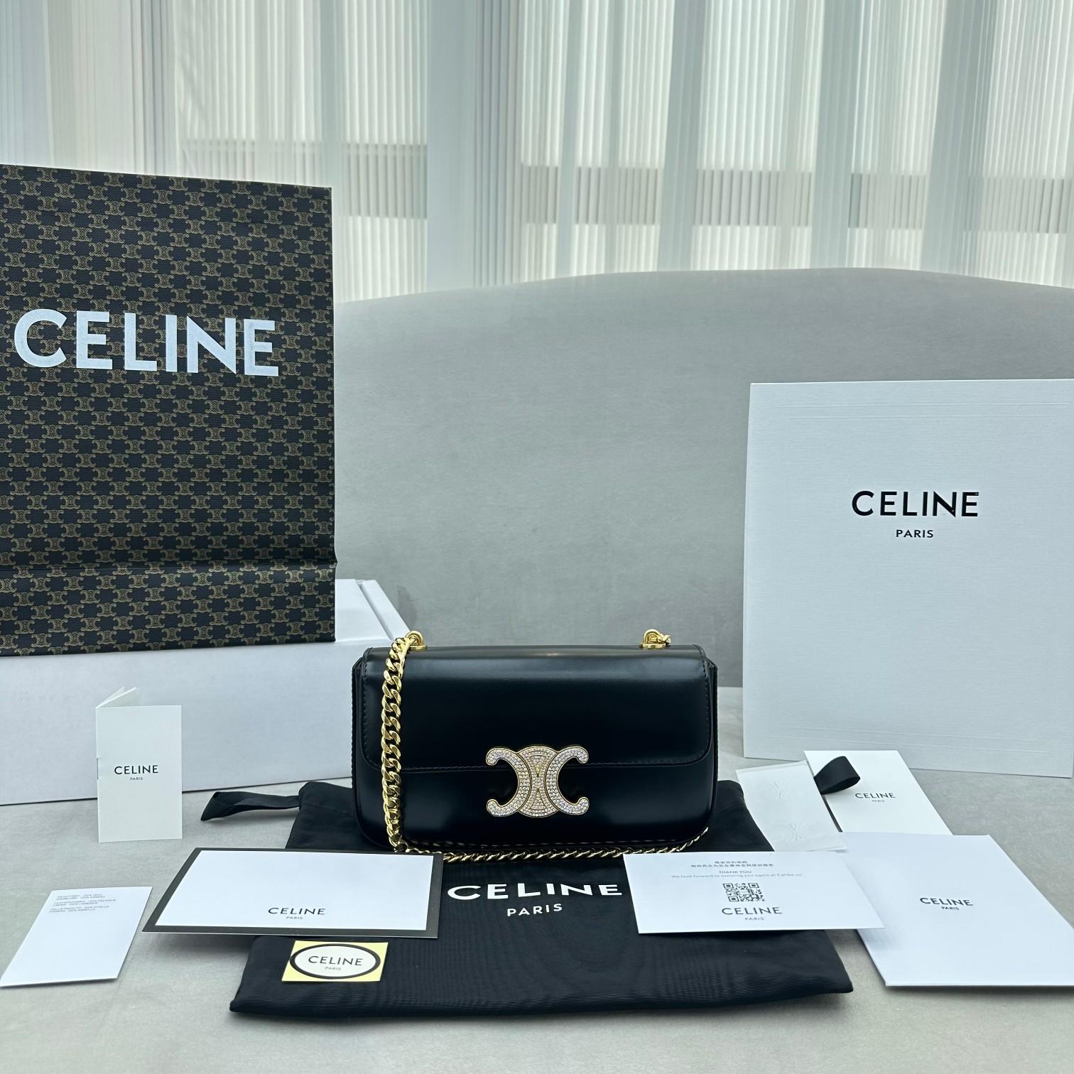 Celine Kettenumhängetasche Triomphe mit Strassverschluss aus glänzendem Kalbsleder - EUR FASHION