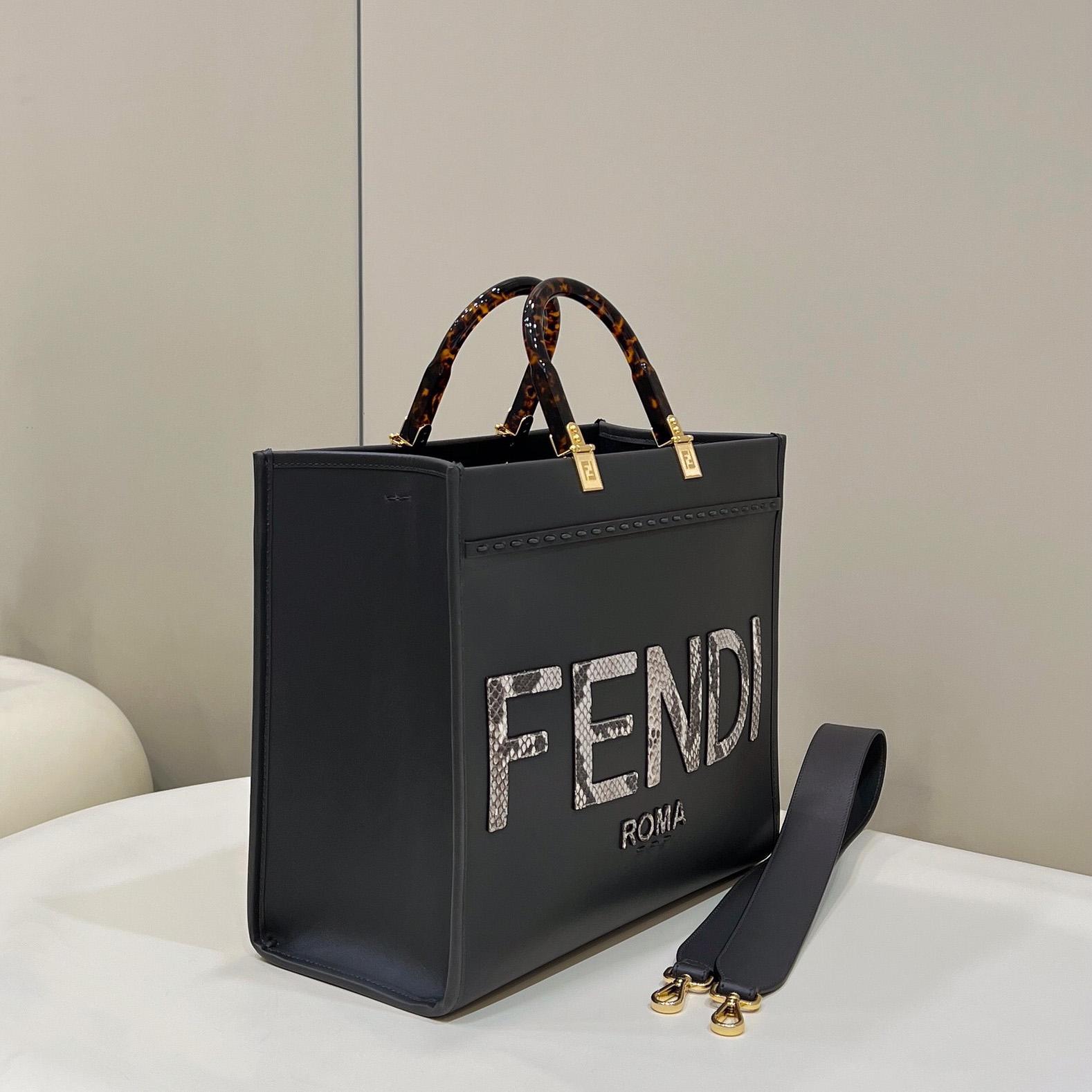 Fendi Sunshine Mittelgroßer Shopper aus dunkelgrauem Leder und Elaphe - EUR FASHION