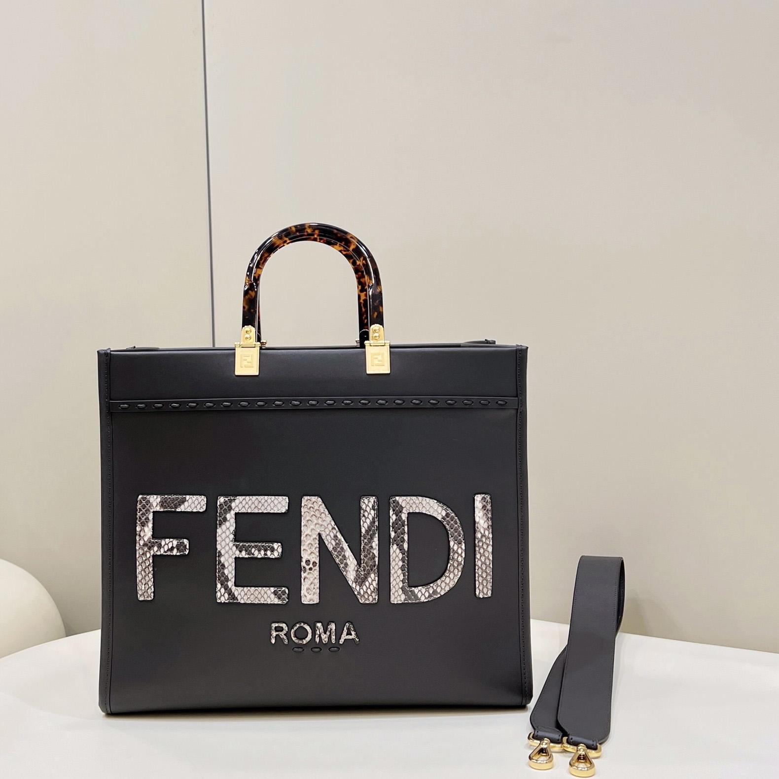 Fendi Sunshine Mittelgroßer Shopper aus dunkelgrauem Leder und Elaphe - EUR FASHION