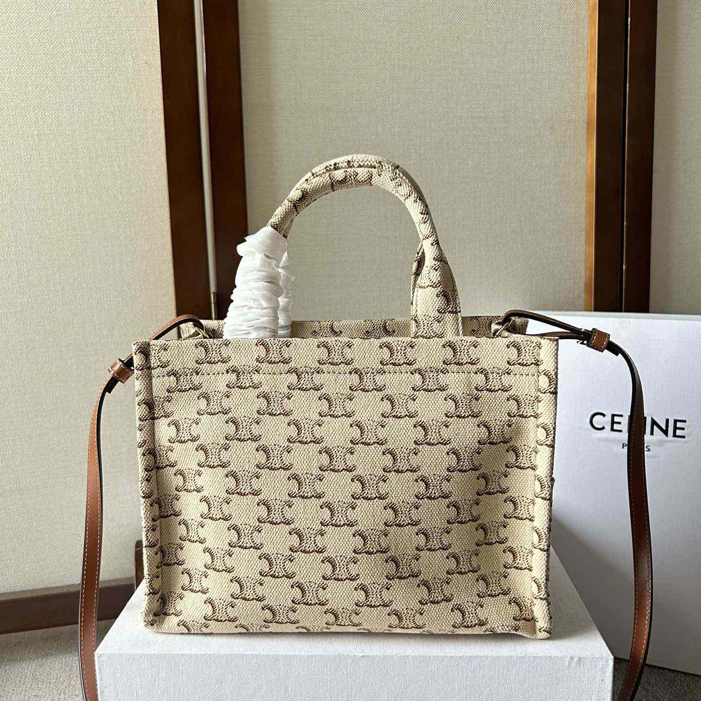 Celine Kleine Cabas Thais Aus Textil Mit Triomphe-Leinwanddruck Und Kalbsleder Weiß - EUR FASHION