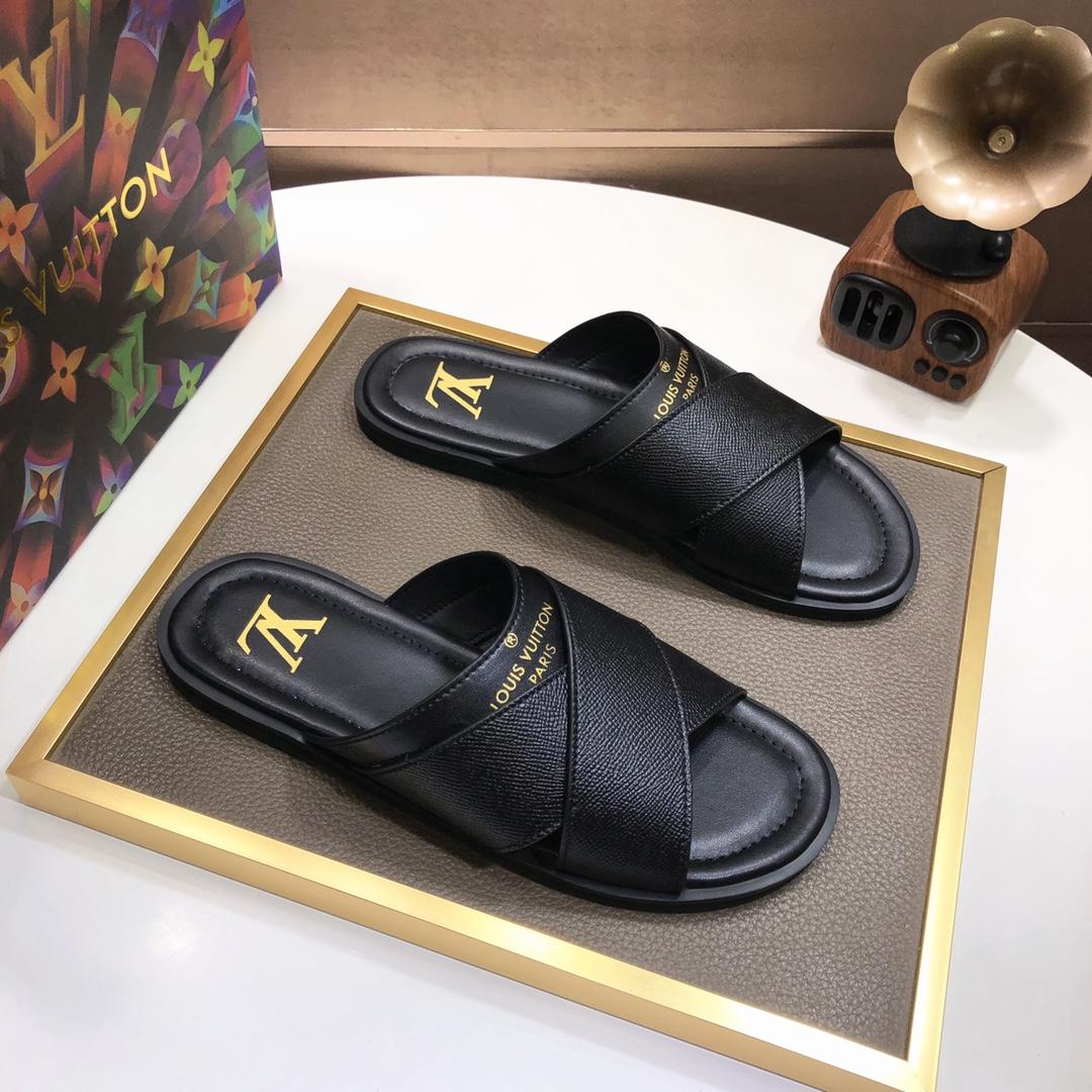 Flache Foch-Slides mit Kreuzriemen von Louis Vuitton aus schwarzem Leder - EUR FASHION