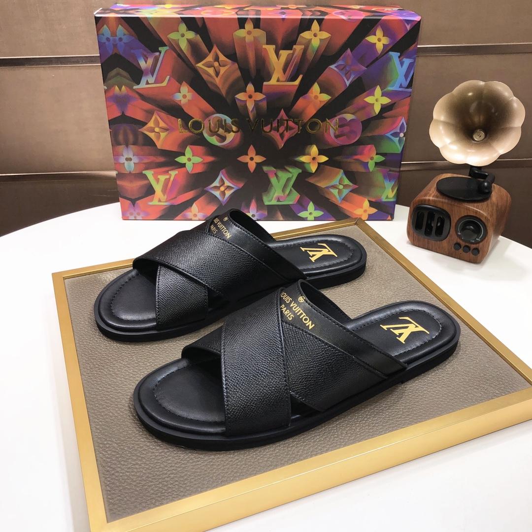 Flache Foch-Slides mit Kreuzriemen von Louis Vuitton aus schwarzem Leder - EUR FASHION