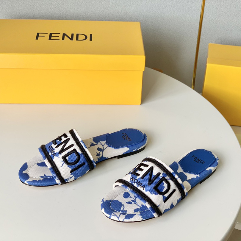 Fendi Signature Blaue Canvas-Slides - EUR FASHION