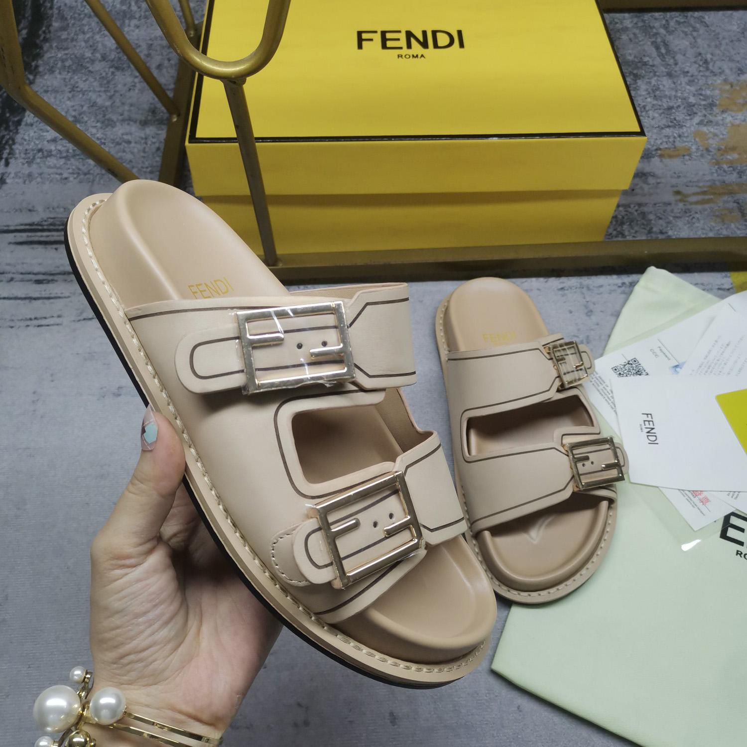Fendi Feel Beige Leder-Slides - EUR FASHION