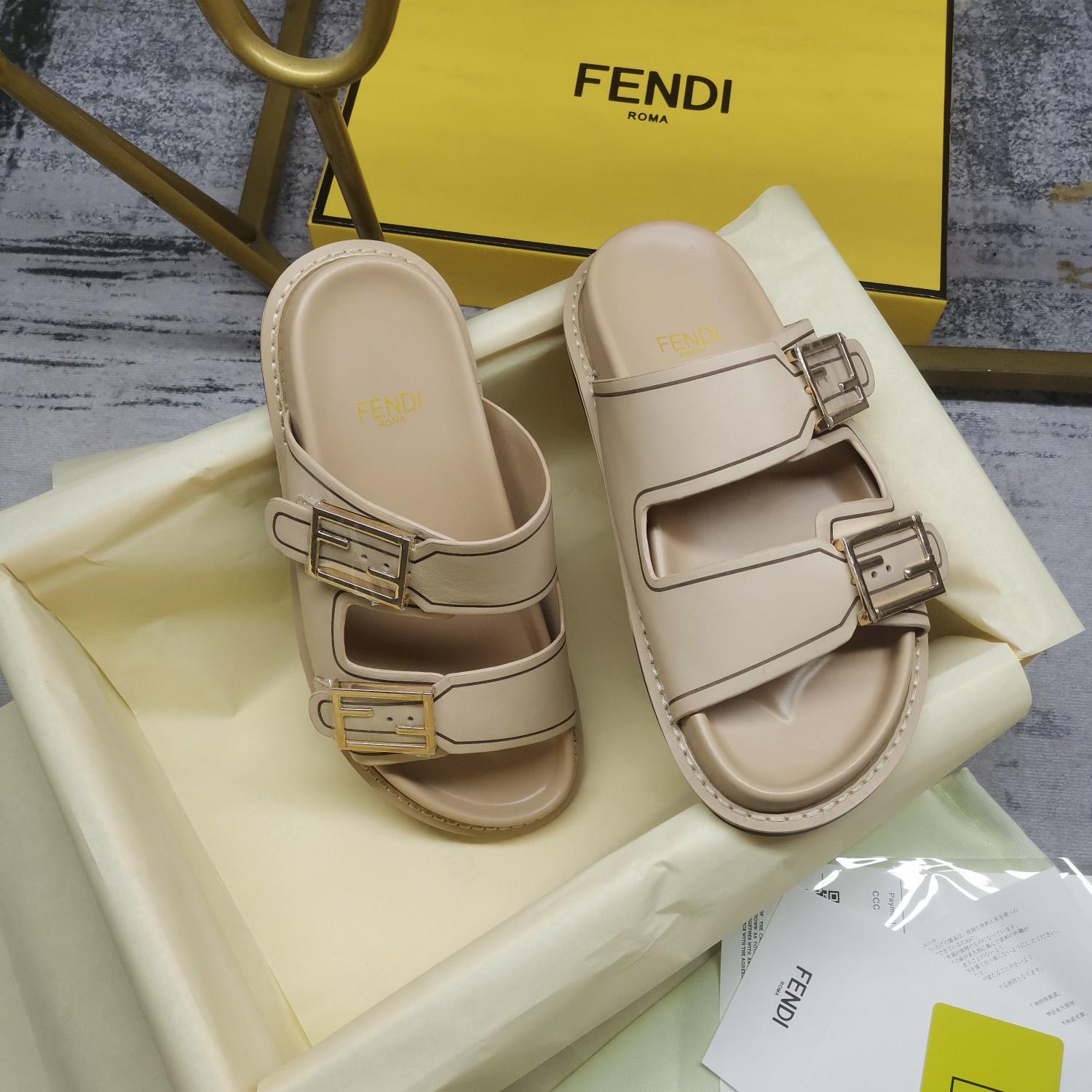 Fendi Feel Beige Leder-Slides - EUR FASHION