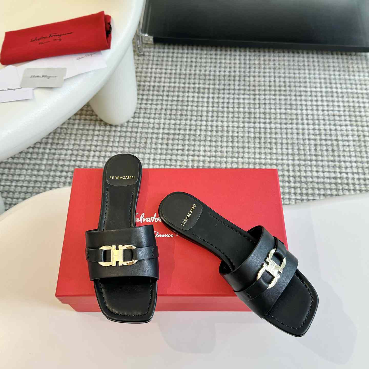 Ferragamo Women's Black Flat Slide With Gancini Ornament - EUR FASHION