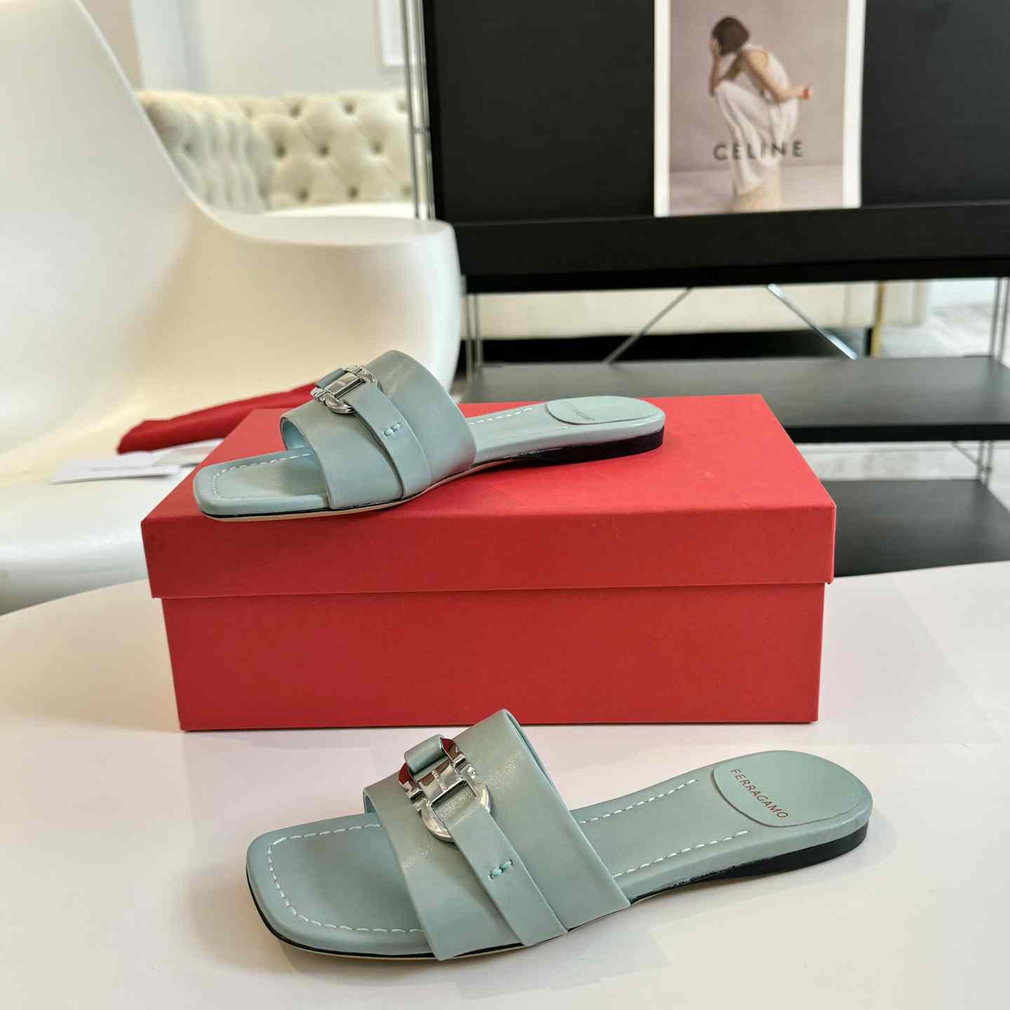 Ferragamo Women's Flat Slide With Gancini Ornament - EUR FASHION