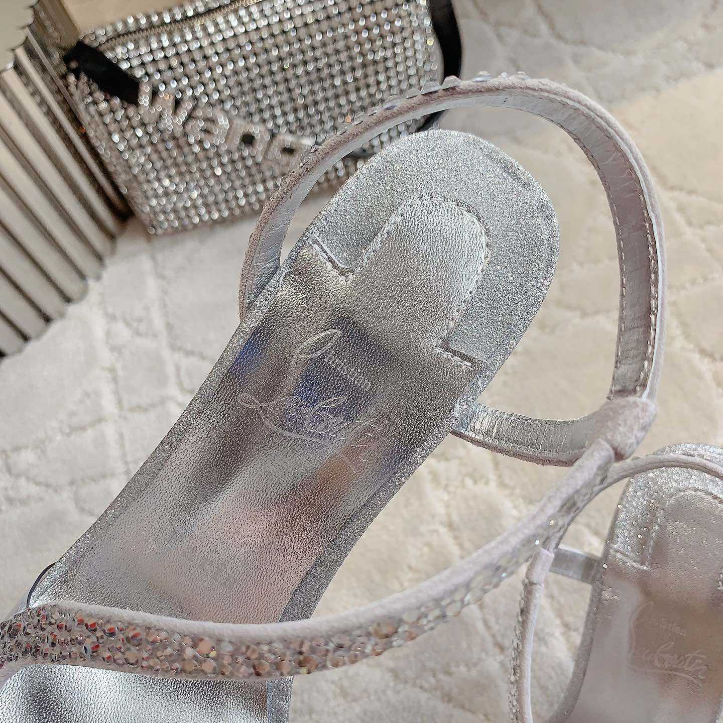 Christian Louboutin Silvery Suede Crystal Embellished Rosalie Sandals - EUR FASHION