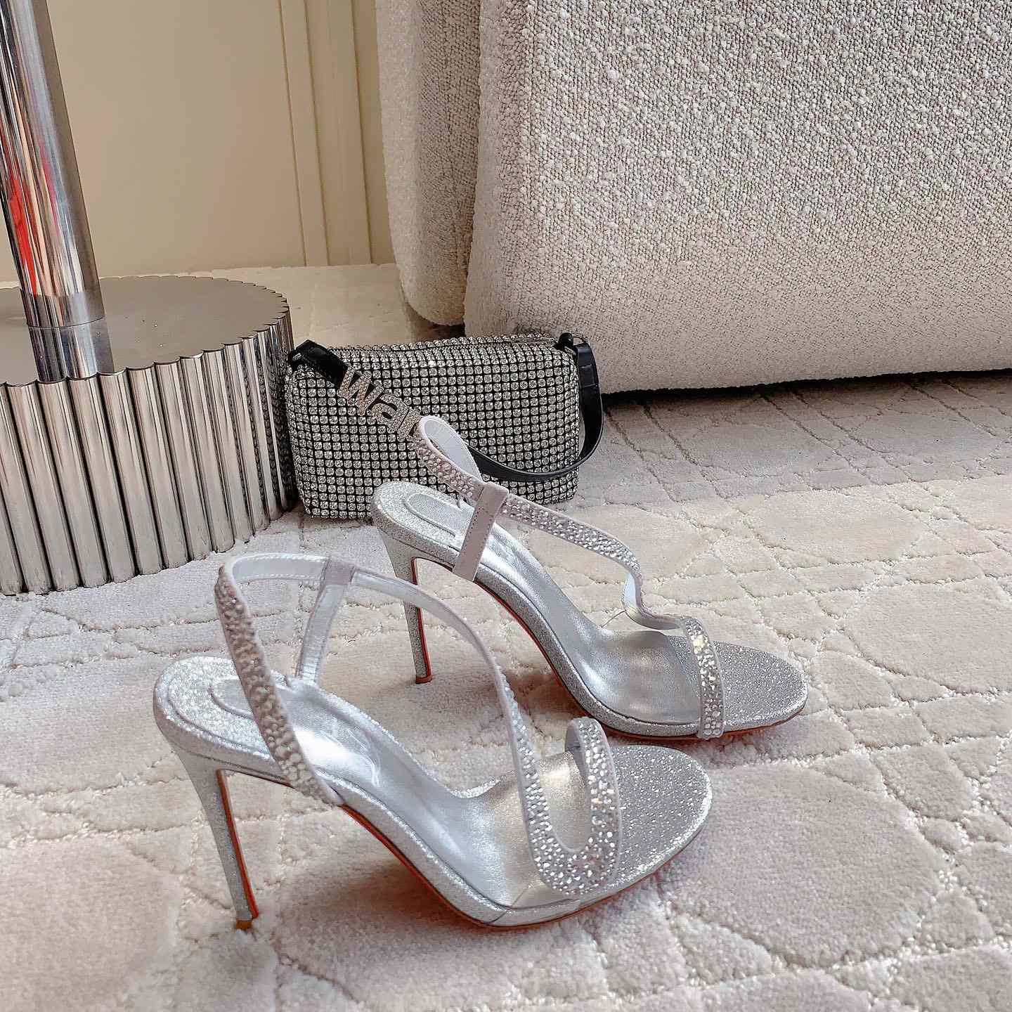 Christian Louboutin Silvery Suede Crystal Embellished Rosalie Sandals - EUR FASHION