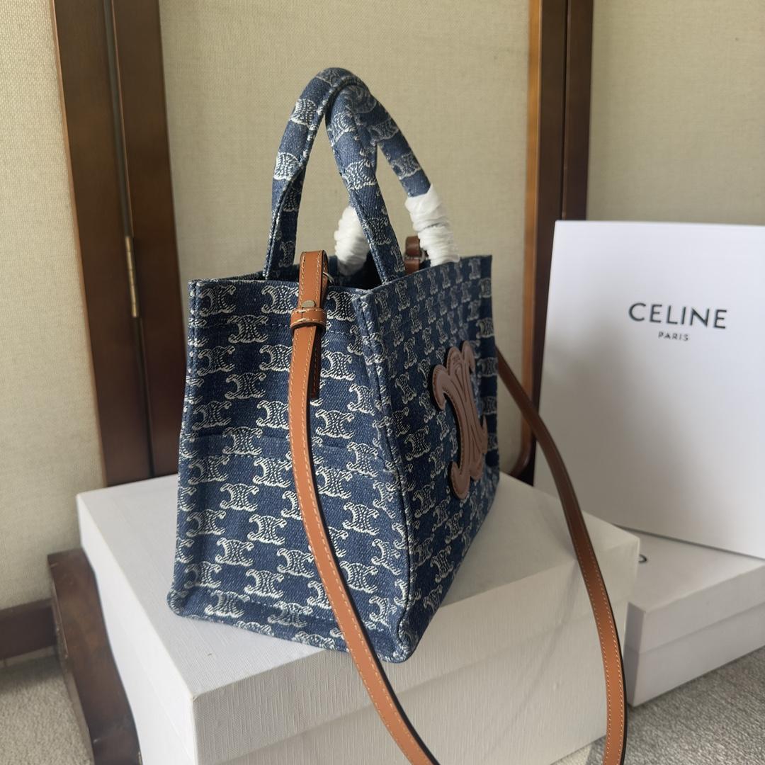 Celine Small Cabas Thais In Denim With Triomphe All-over And Calfskin Denim / Silver - EUR FASHION