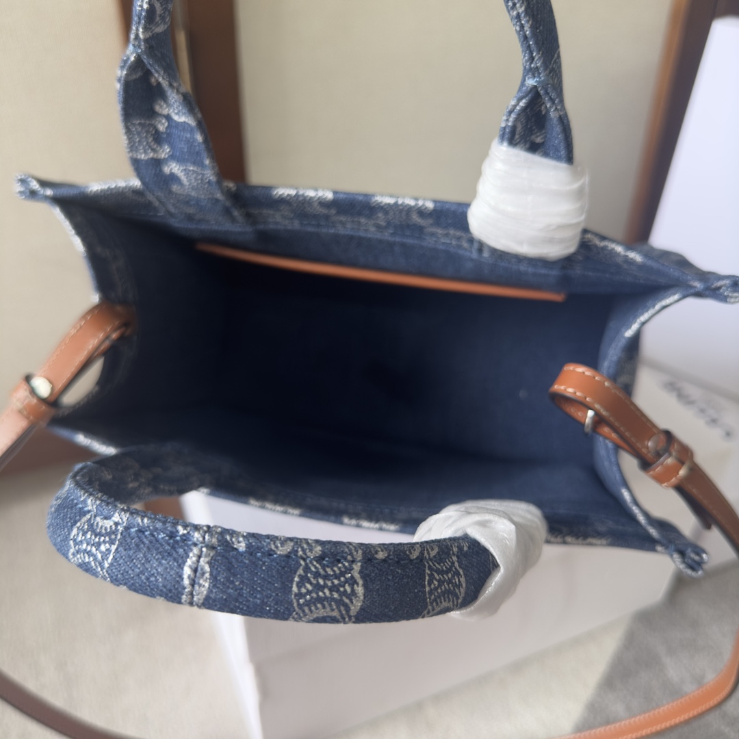 Celine Small Cabas Thais In Denim With Triomphe All-over And Calfskin Denim / Silver - EUR FASHION