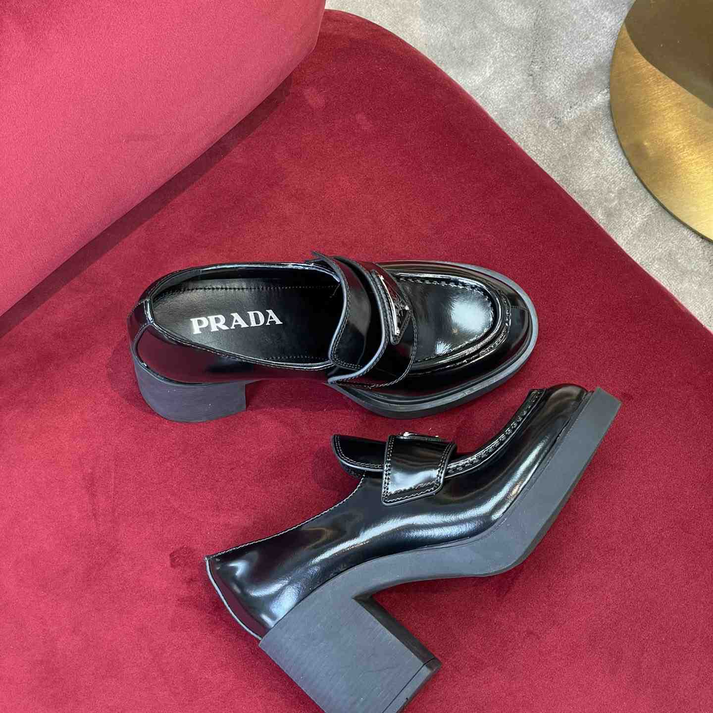 Prada Chocolate High-Heeled Brushed Leather Loafers   - EUR FASHION