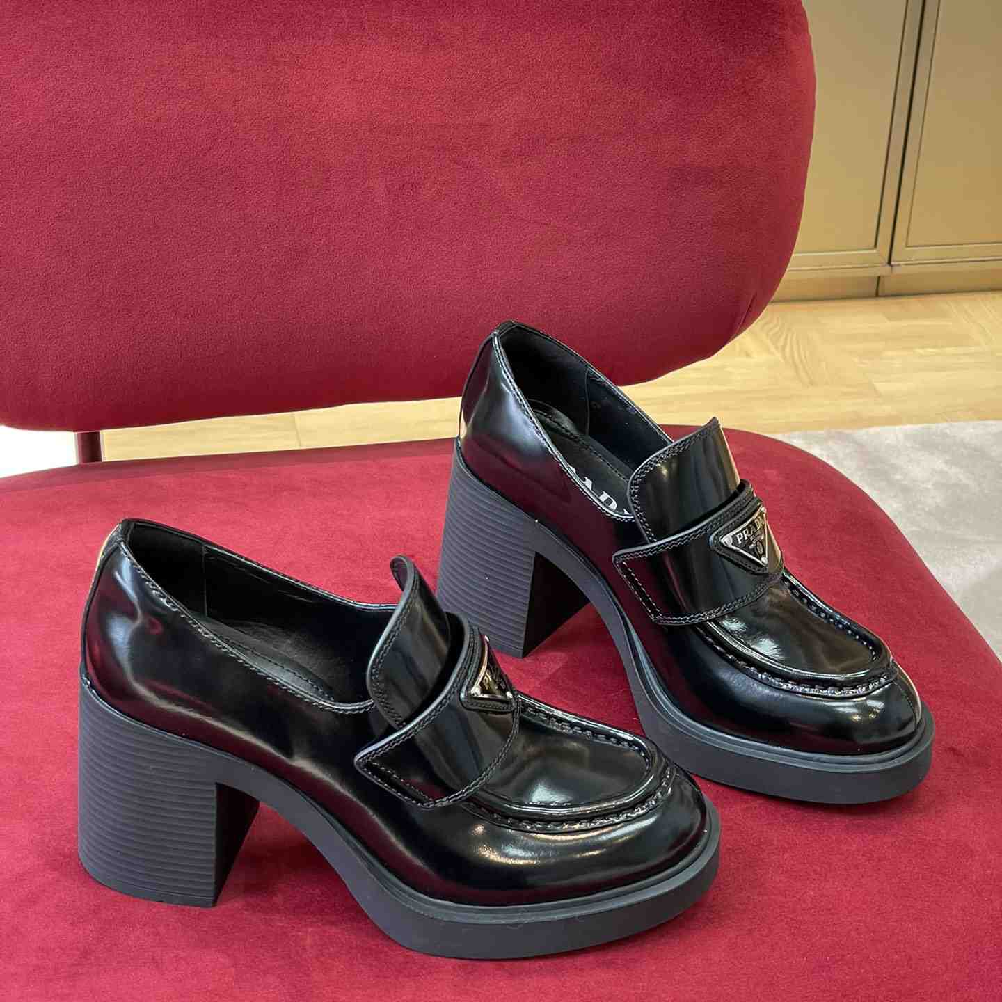 Prada Chocolate High-Heeled Brushed Leather Loafers   - EUR FASHION