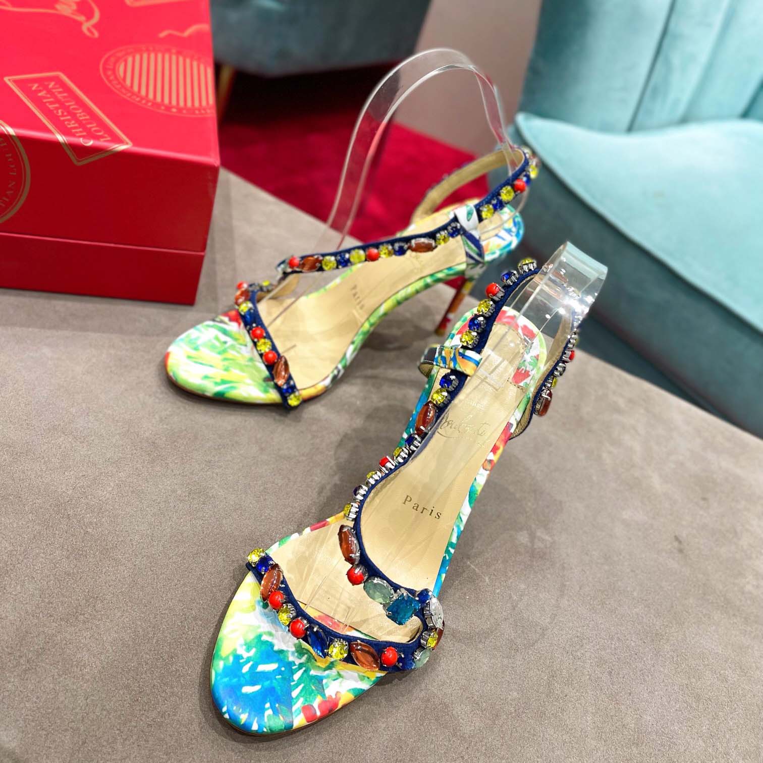 Christian Louboutin Satin Floral Print Slingback Sandals  10cm - EUR FASHION