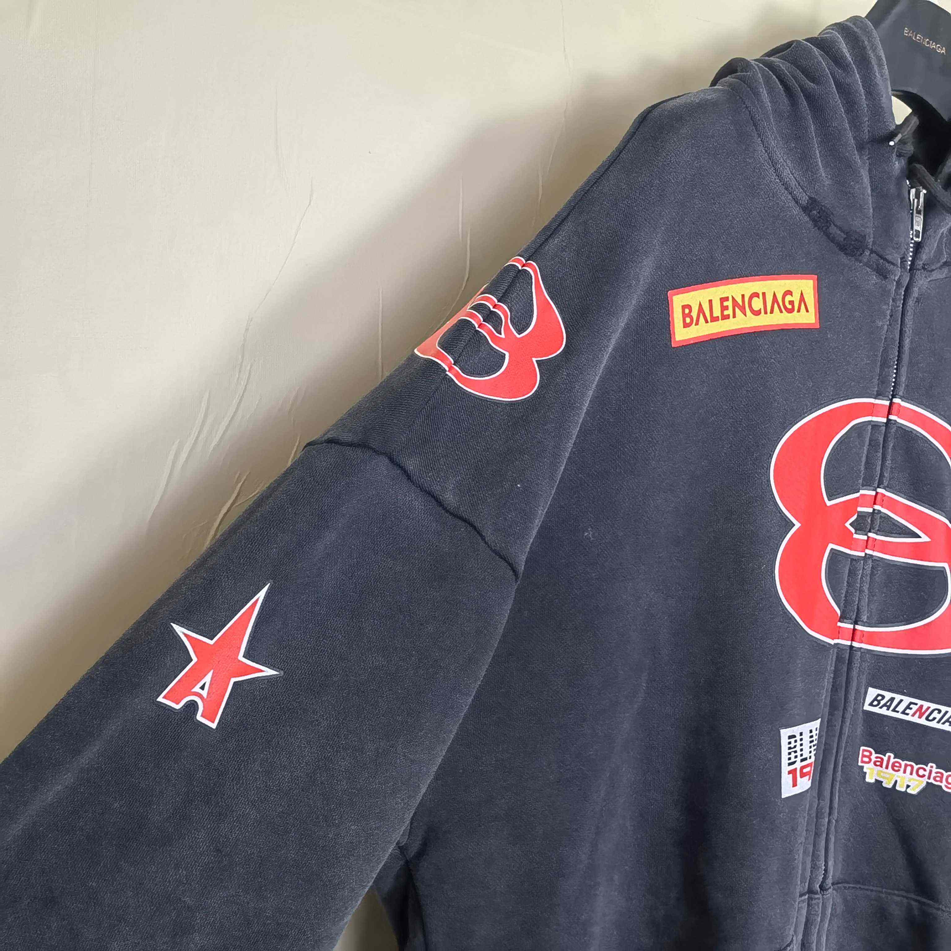 Balenciaga Sponsor Logos Large Zip-Up Hoodie In Faded Washed Black - EUR FASHION