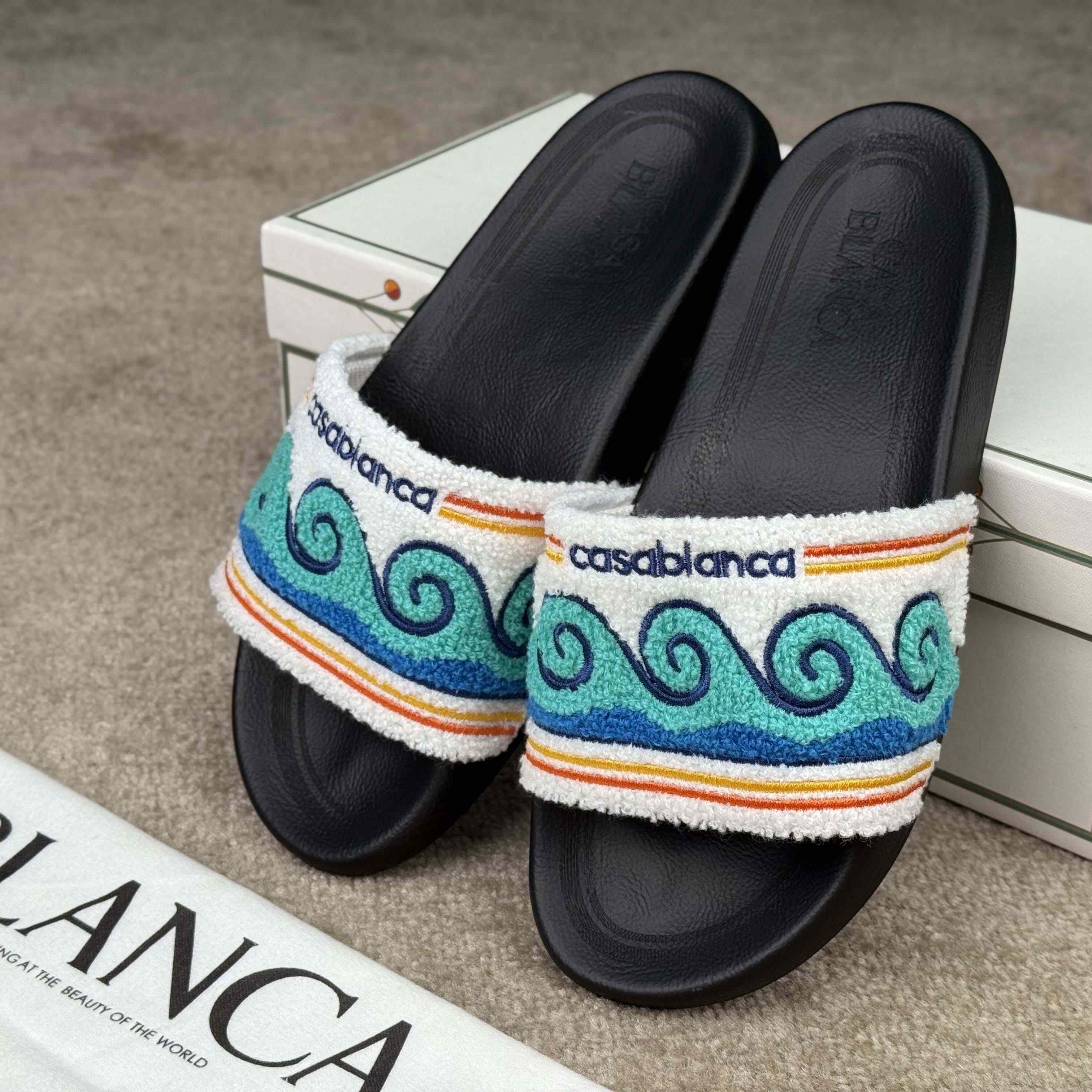 Casablanca Men's Embroidered Terry Slide Sandals - EUR FASHION