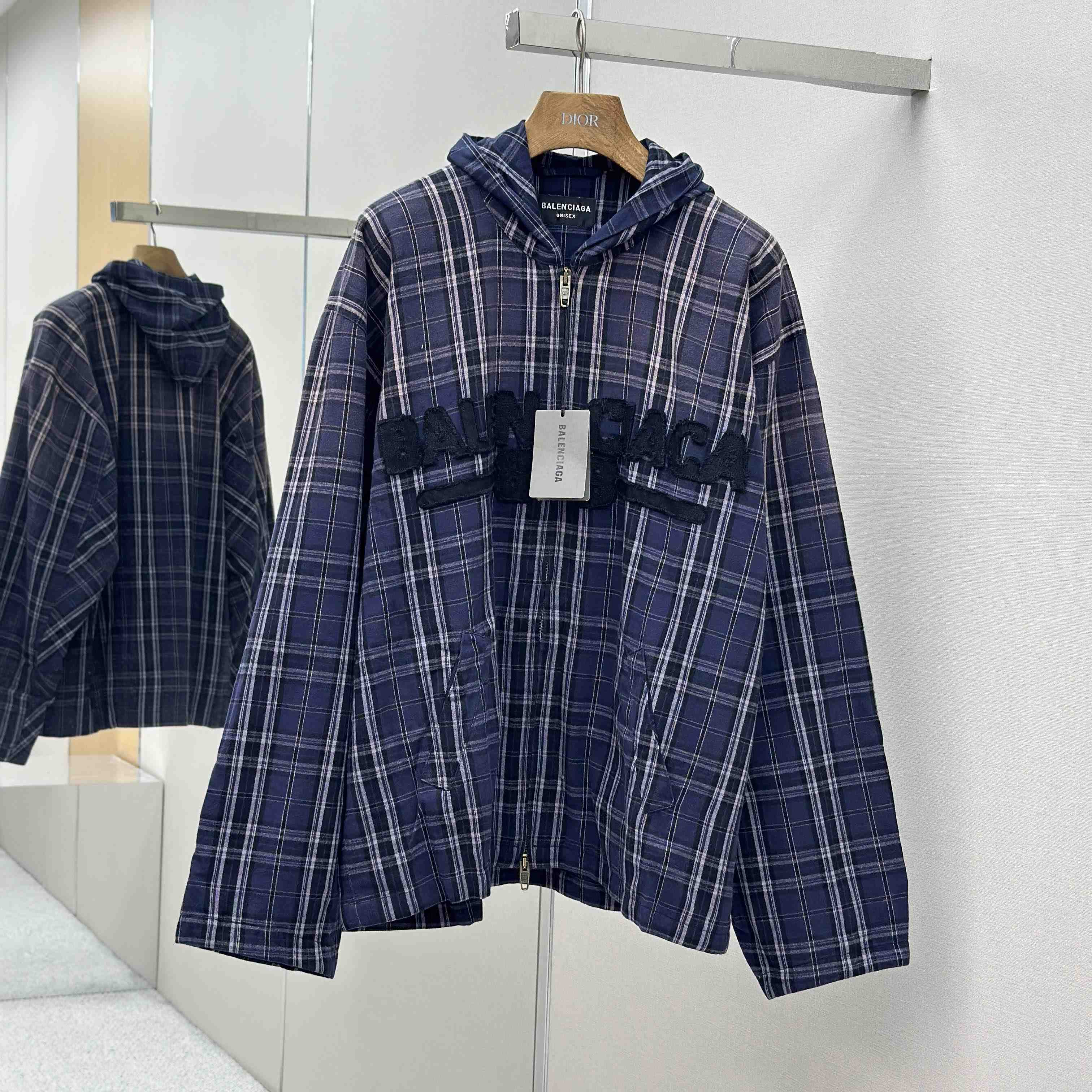 Balenciaga Logo Embroidered Hooded Check Jacket - EUR FASHION