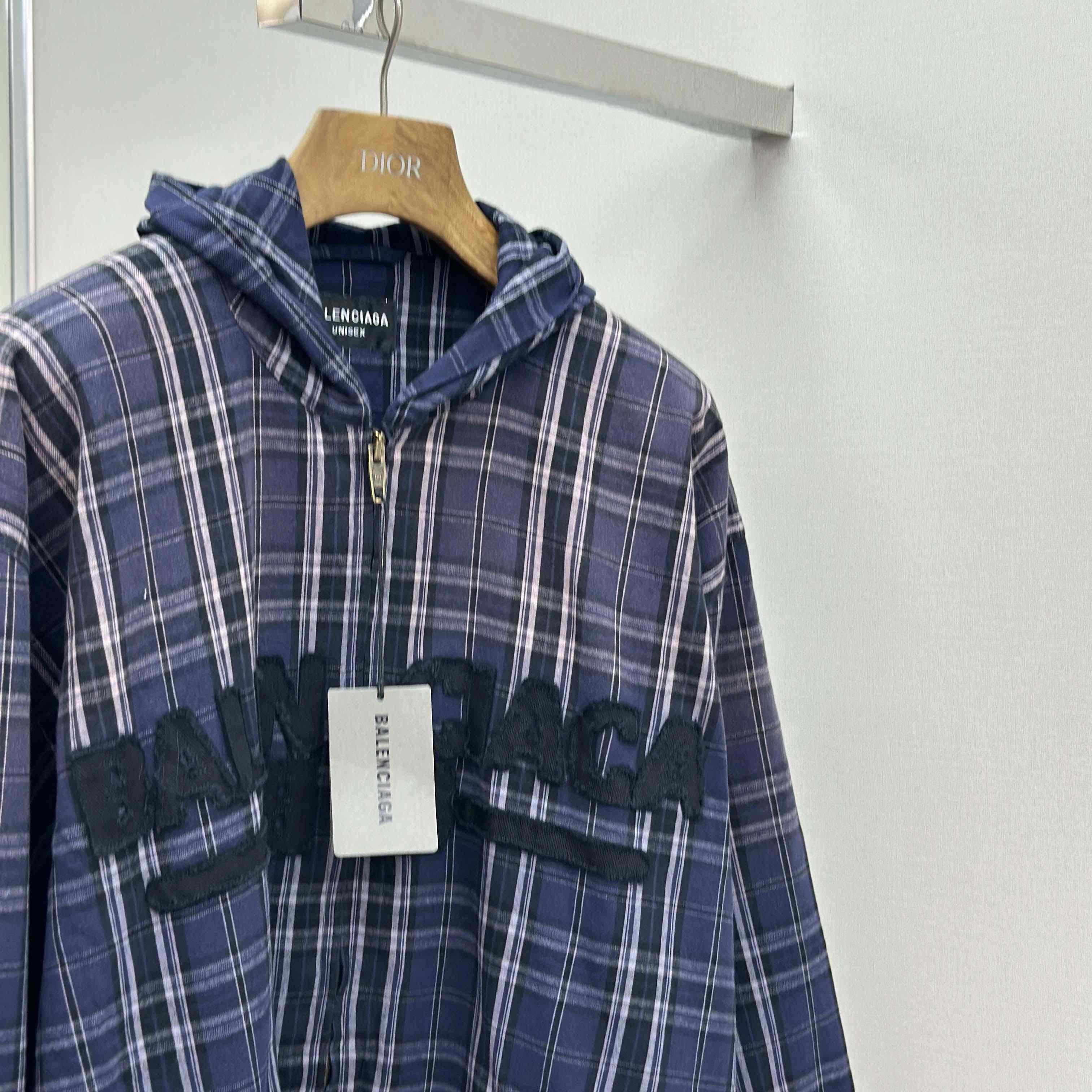 Balenciaga Logo Embroidered Hooded Check Jacket - EUR FASHION