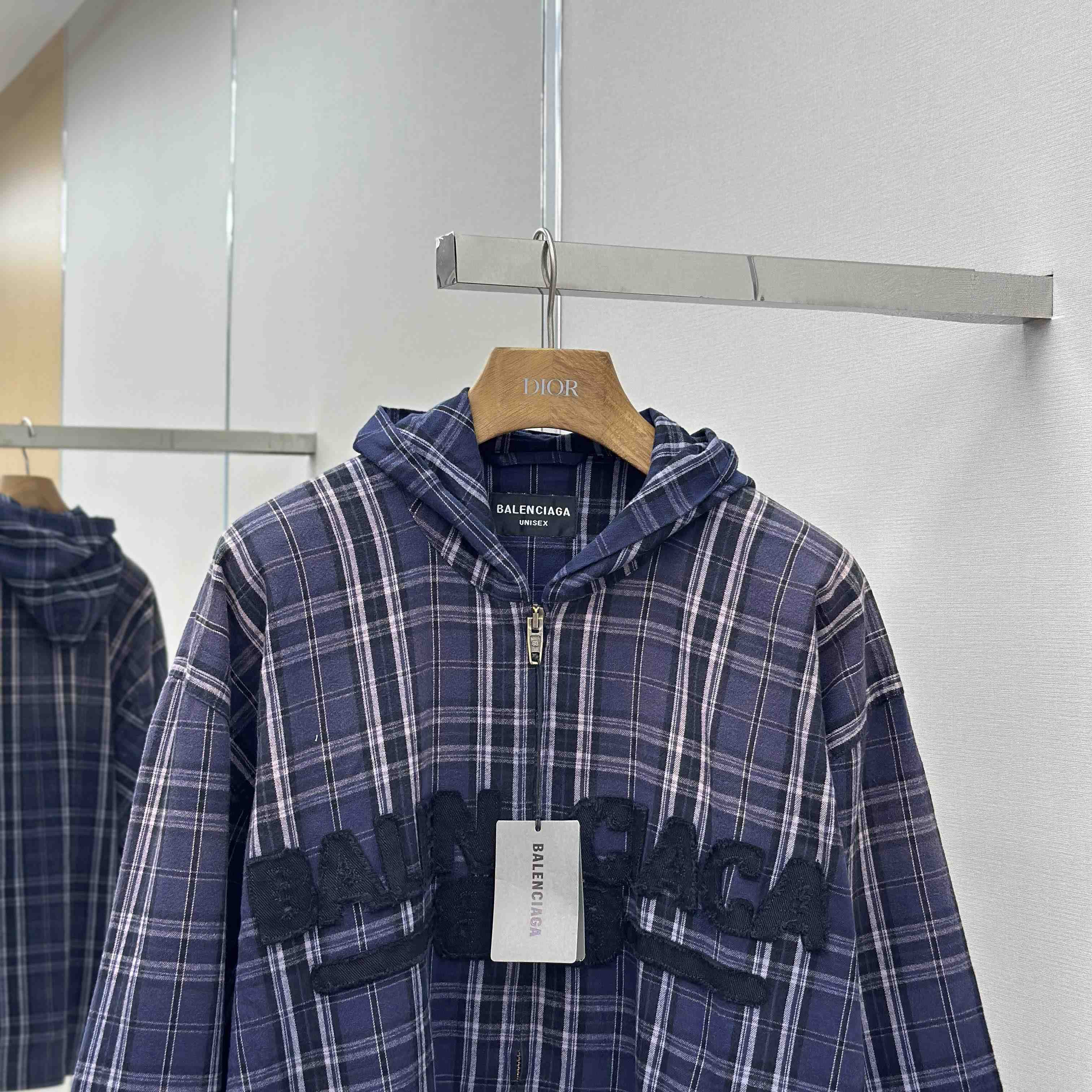 Balenciaga Logo Embroidered Hooded Check Jacket - EUR FASHION