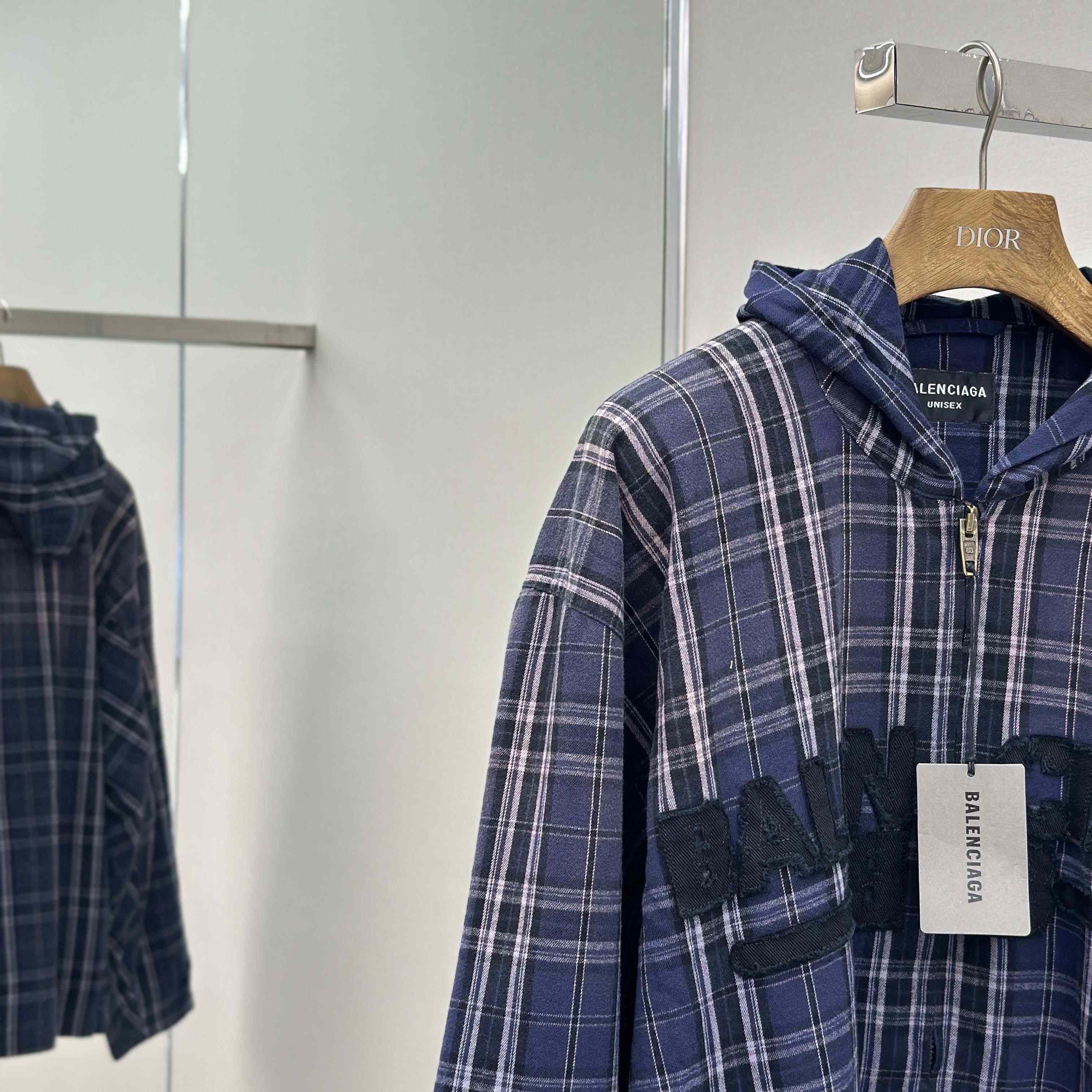 Balenciaga Logo Embroidered Hooded Check Jacket - EUR FASHION