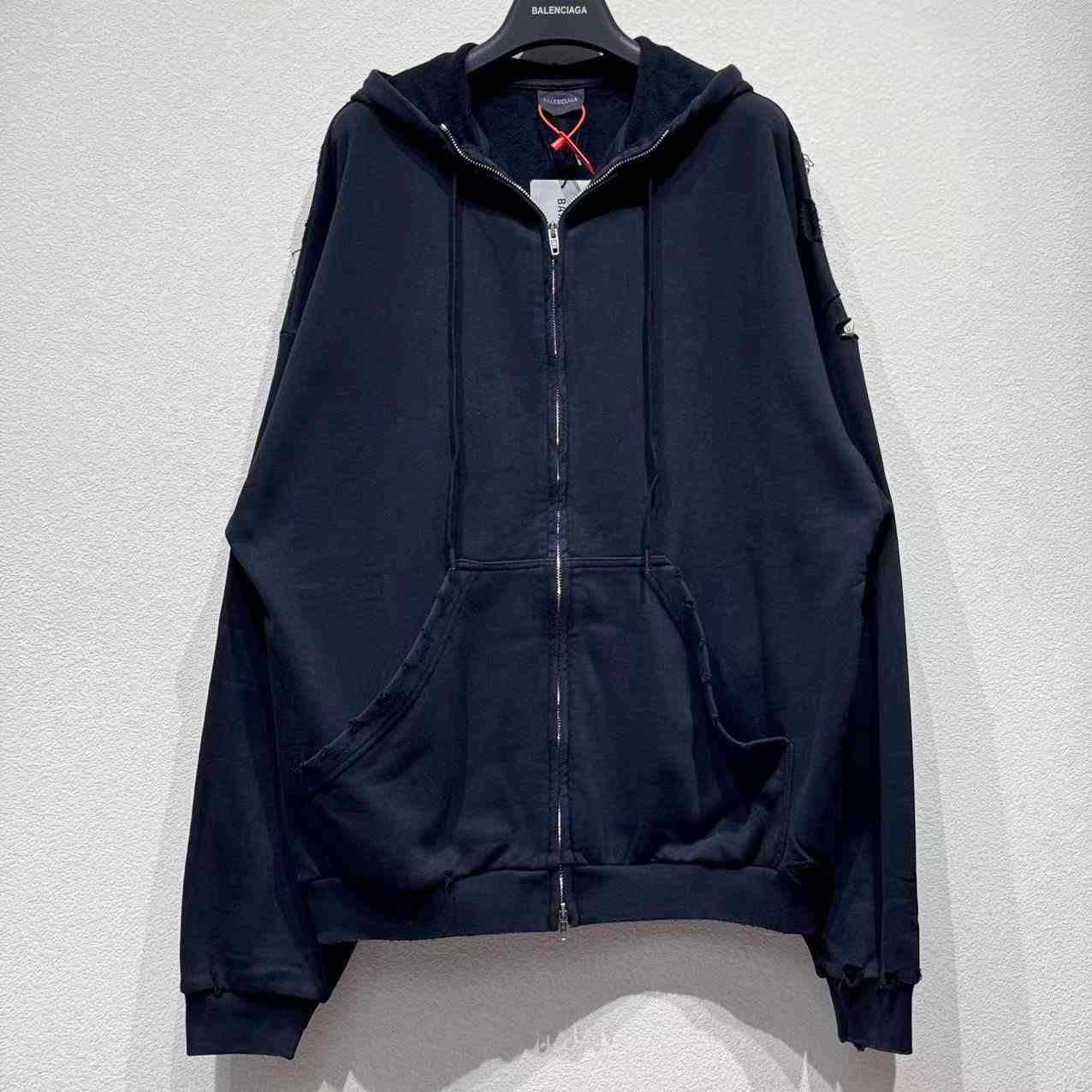 Balenciaga Security Tape Logo Large Zip-Up Hoodie In Faded Washed Black And Red Dry Fleece - EUR FASHION