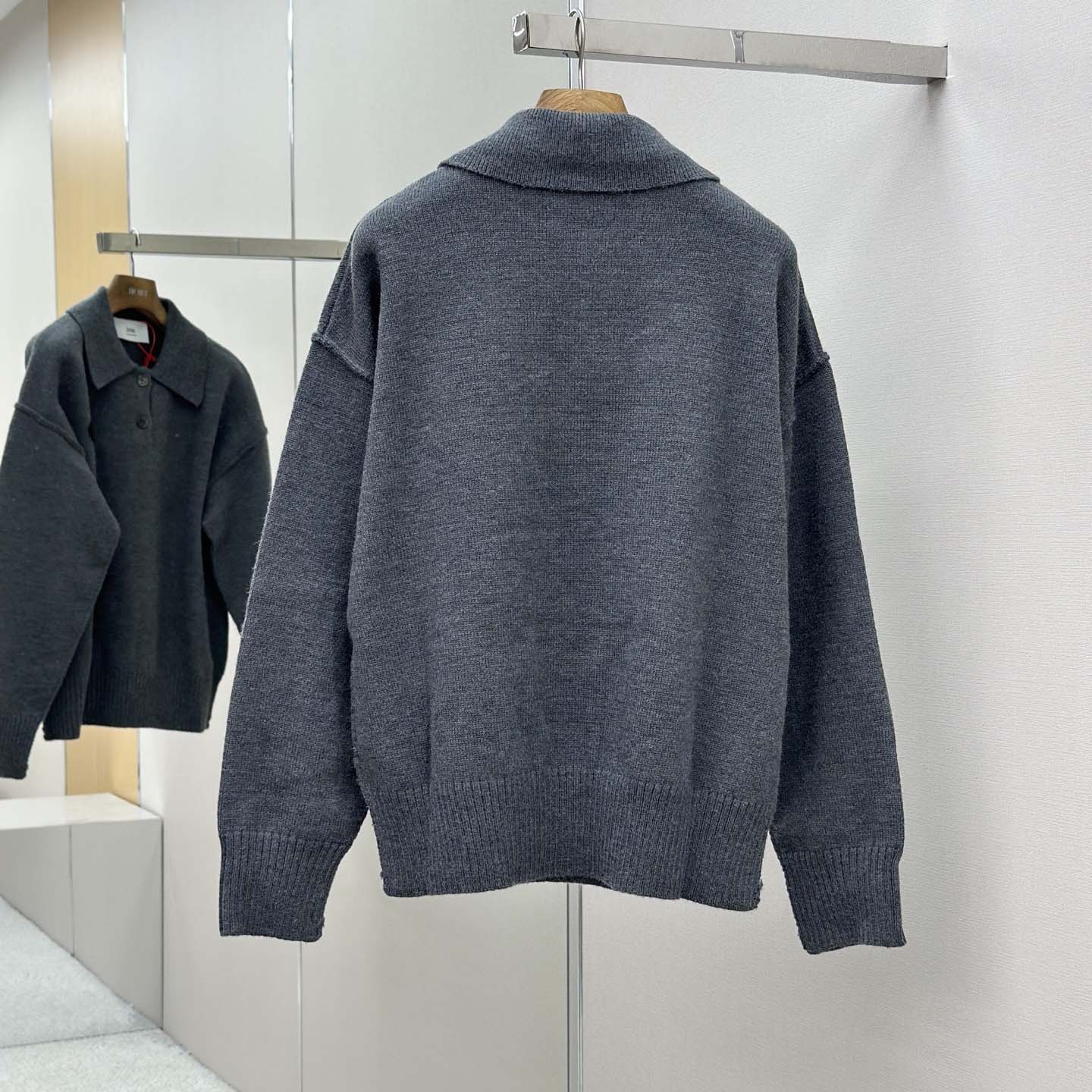 AMI Paris Grey Wool Ami De Coeur Polo - EUR FASHION