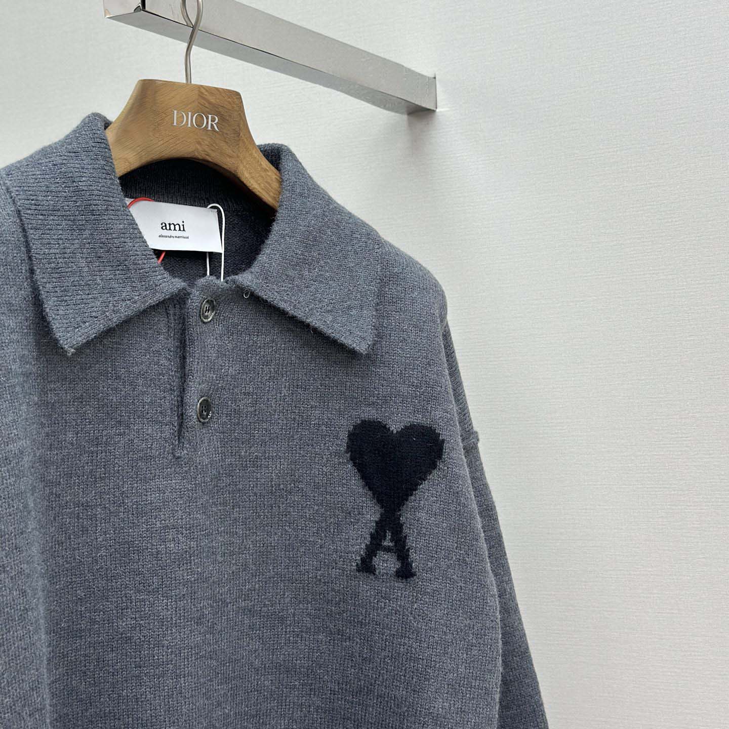 AMI Paris Grey Wool Ami De Coeur Polo - EUR FASHION