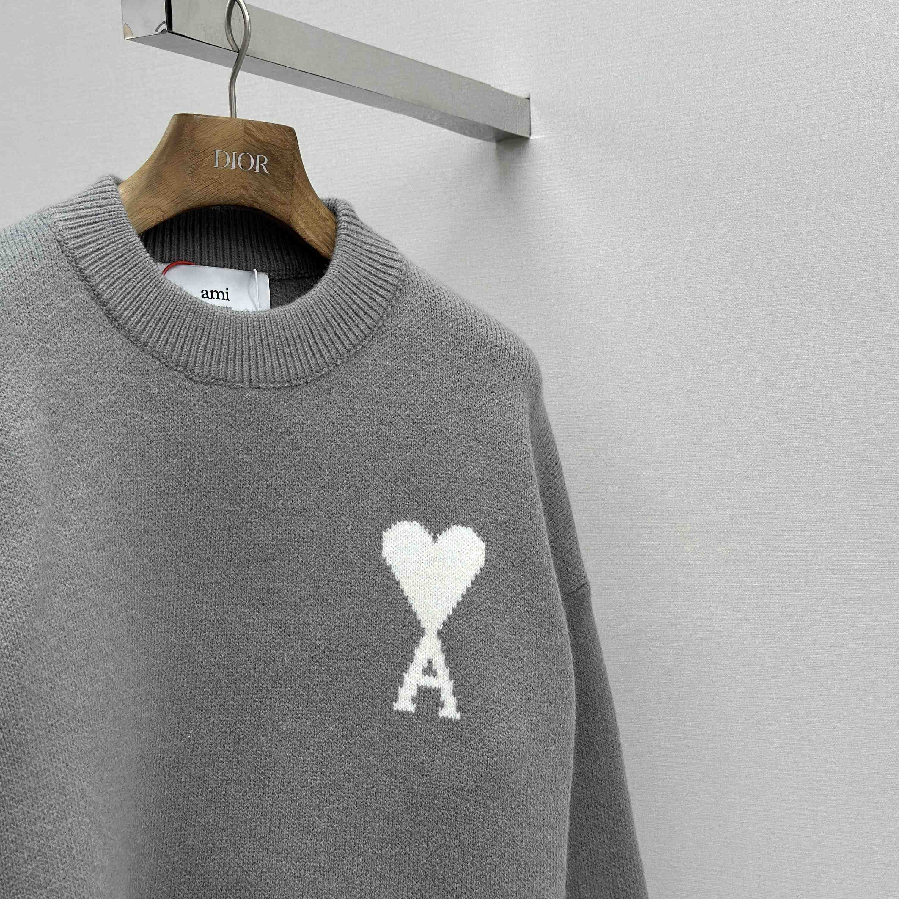 AMI Paris Grey Alpaca Ami De Coeur Crewneck Sweater  - EUR FASHION