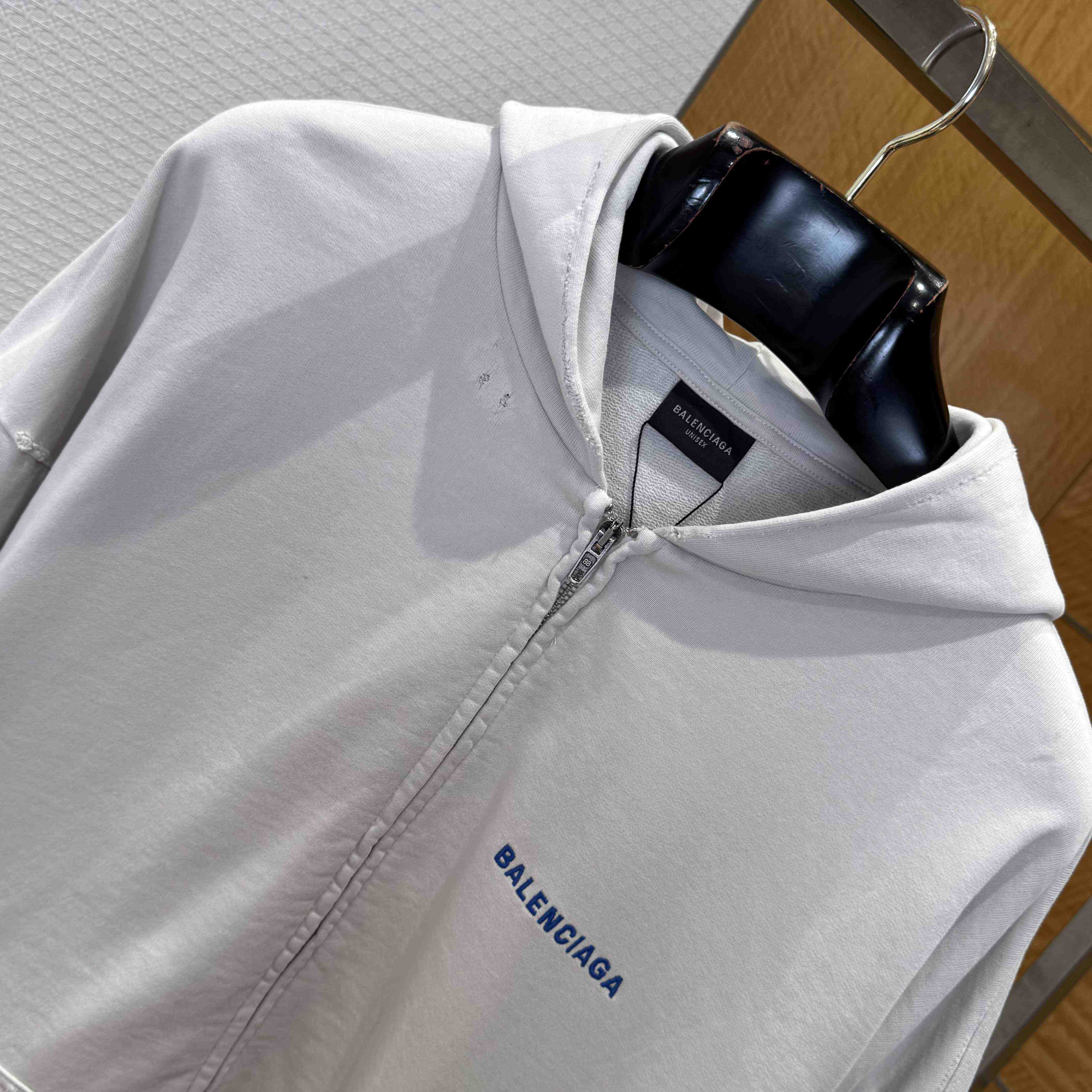 Balenciaga Back Zip-Up Hoodie Regular Fit In Dirty White And Blue Dry Fleece - EUR FASHION
