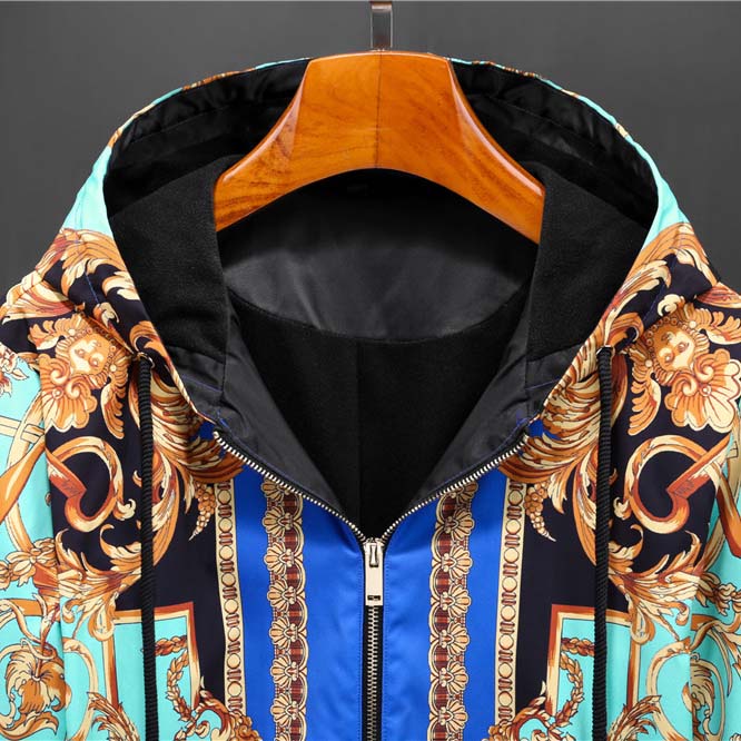 Versace Eros Baroque Printed Blue Golden Zip Up Bomber Jacket - EUR FASHION