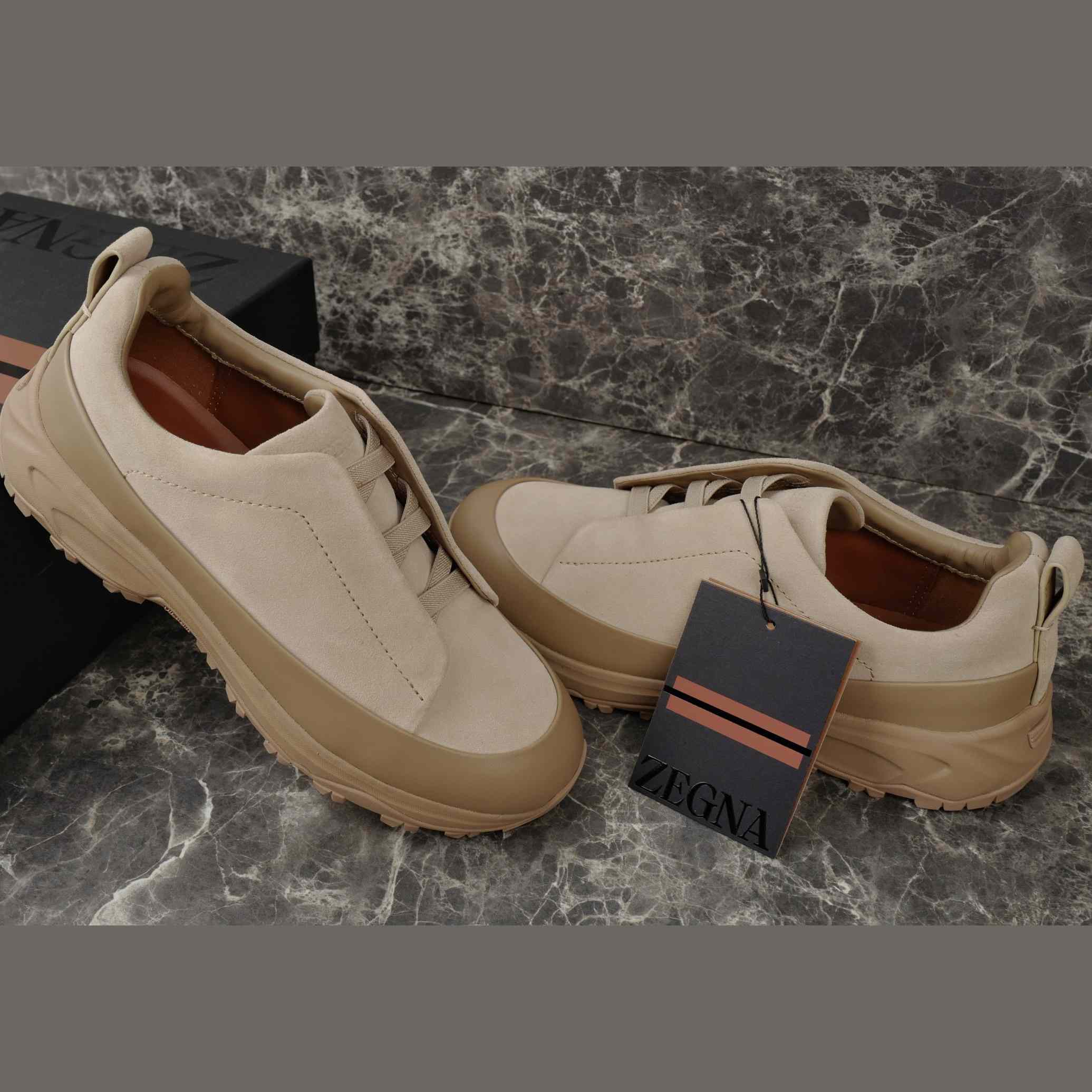 Zegna Light Taupe Leather and Suede Triple Stitch™ Monte Sneakers - EUR FASHION