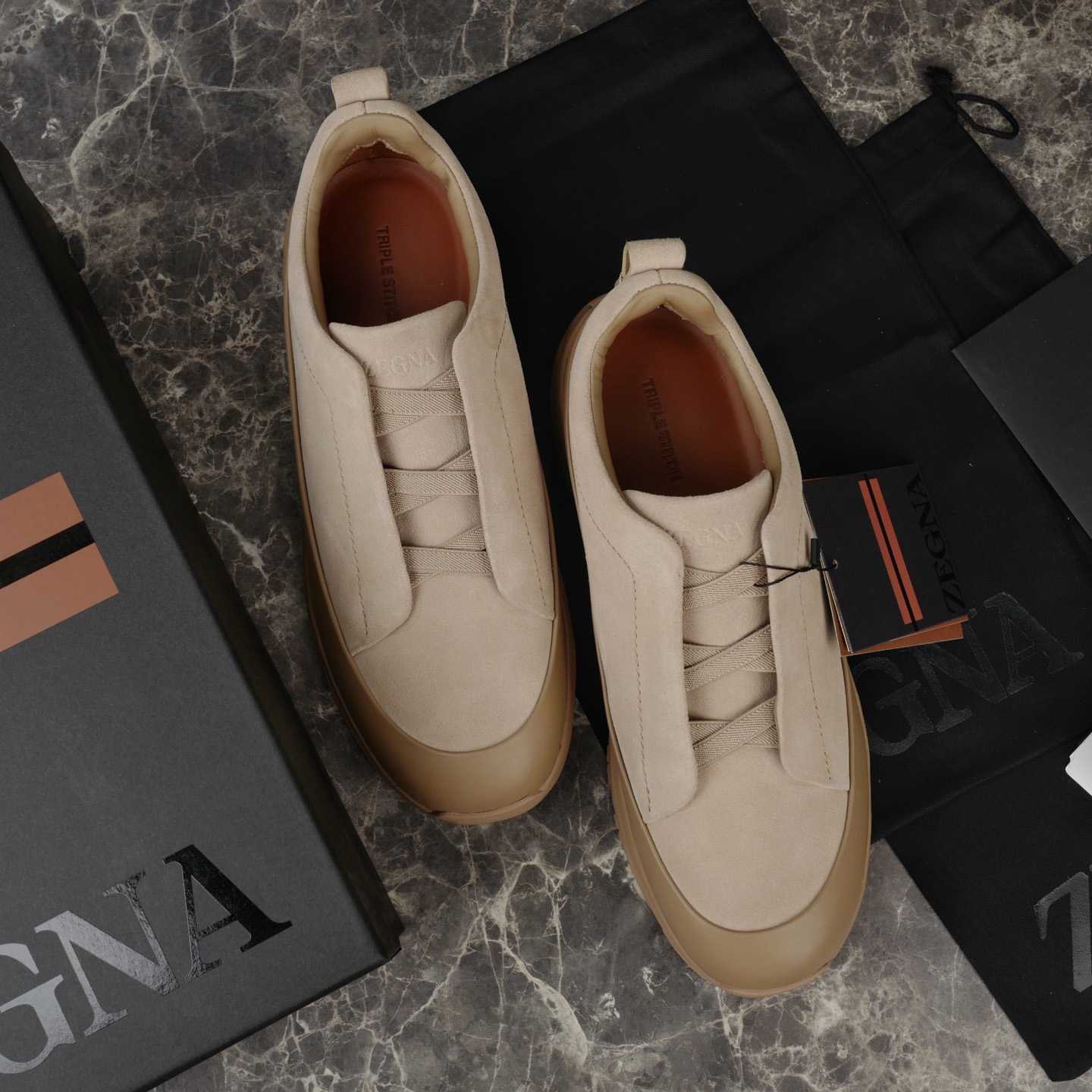 Zegna Light Taupe Leather and Suede Triple Stitch™ Monte Sneakers - EUR FASHION