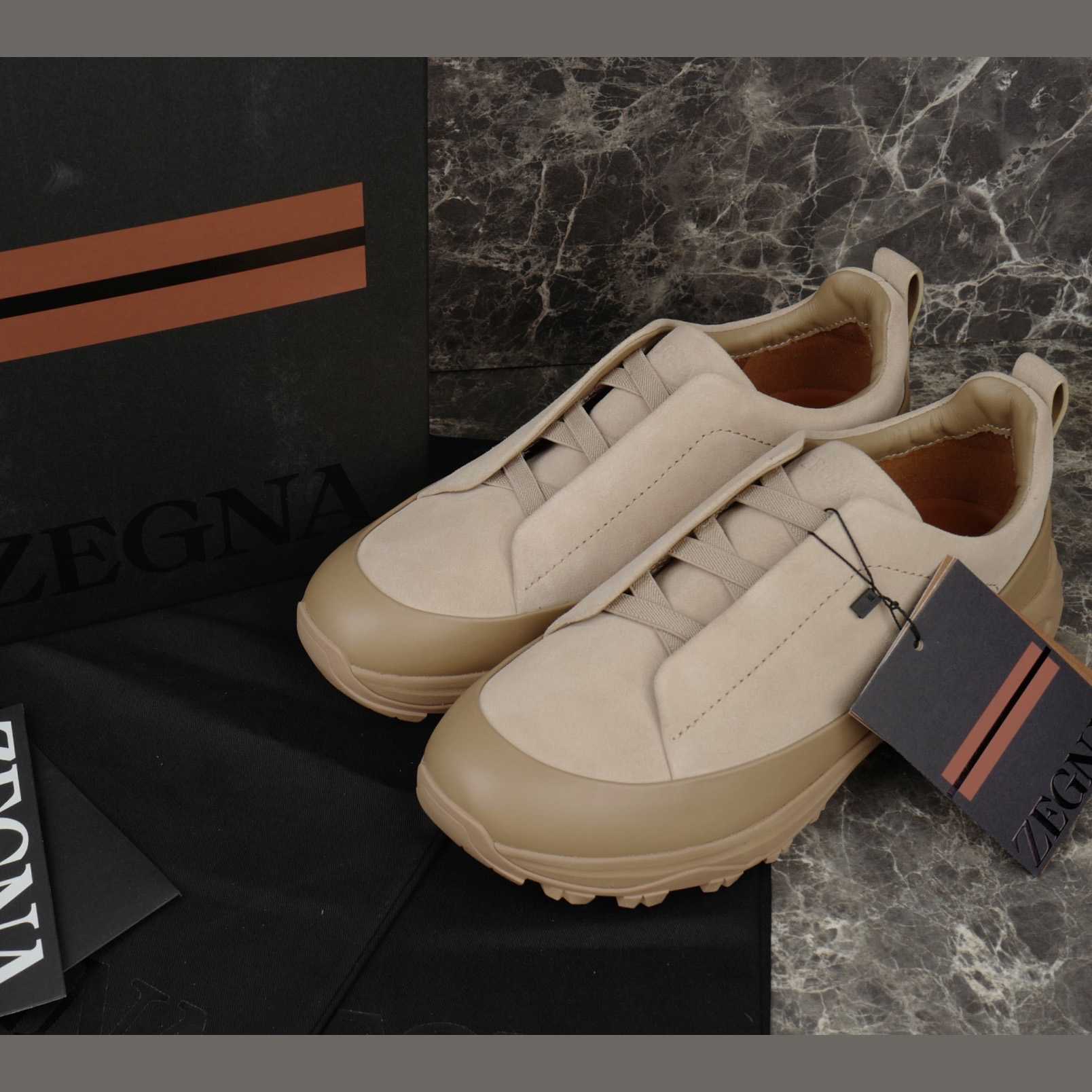 Zegna Light Taupe Leather and Suede Triple Stitch™ Monte Sneakers - EUR FASHION