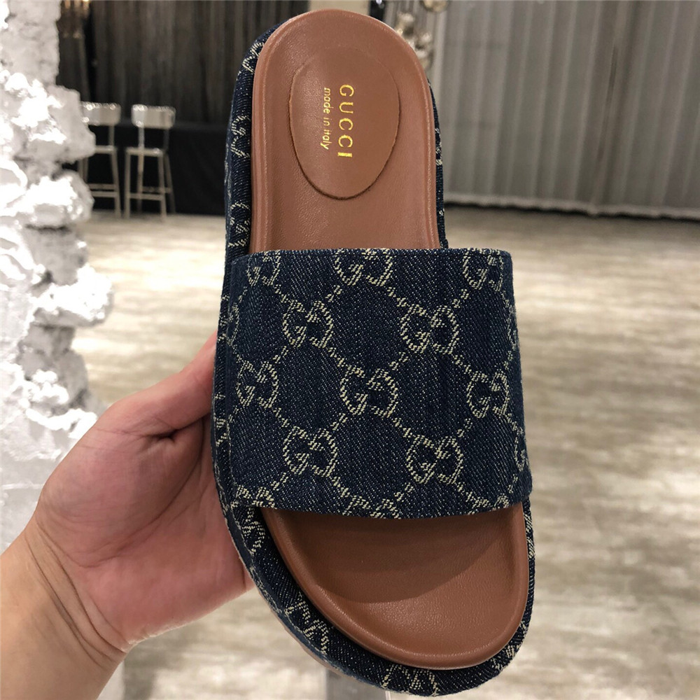 Gucci Damen-Plateau-Slide-Sandale (Blau und Elfenbein) - EUR FASHION