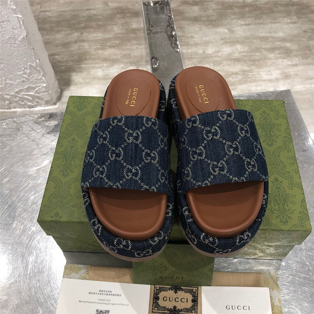 Gucci Damen-Plateau-Slide-Sandale (Blau und Elfenbein) - EUR FASHION