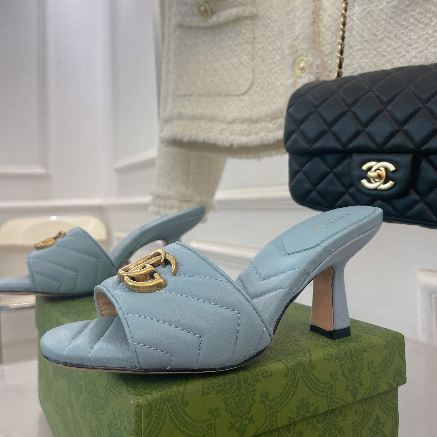 Gucci Double G Slide Sandale für Damen mit einer Absatzhöhe von 7,5 cm - EUR FASHION