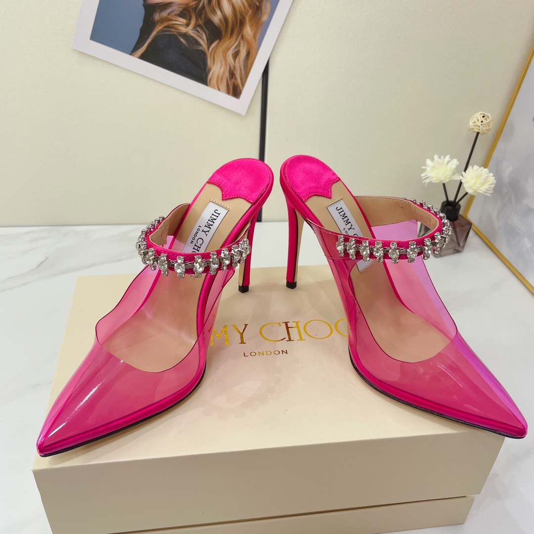 Jimmy Choo Bing 100 Hot Pink Neon Plexi Mules mit rosa Kristallriemen - EUR FASHION