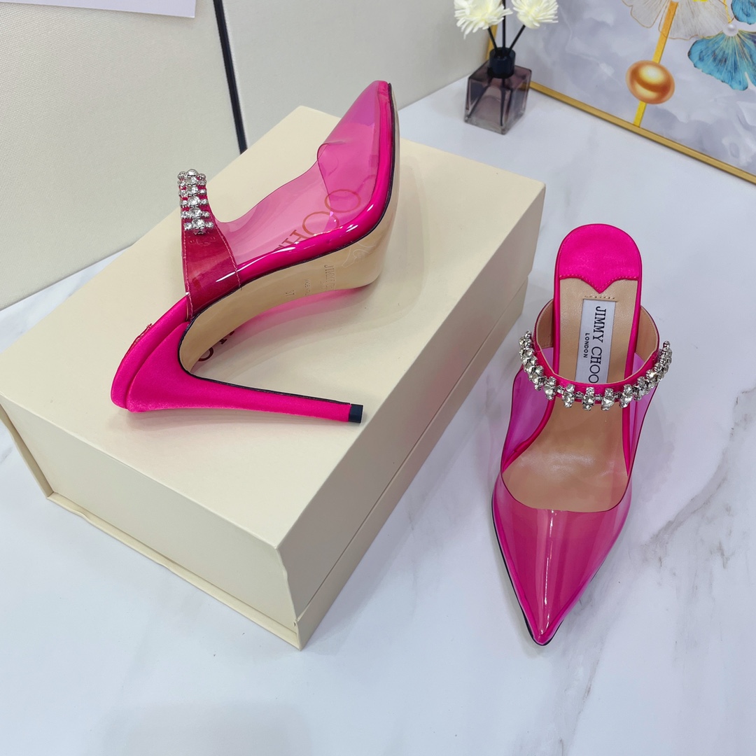 Jimmy Choo Bing 100 Hot Pink Neon Plexi Mules mit rosa Kristallriemen - EUR FASHION