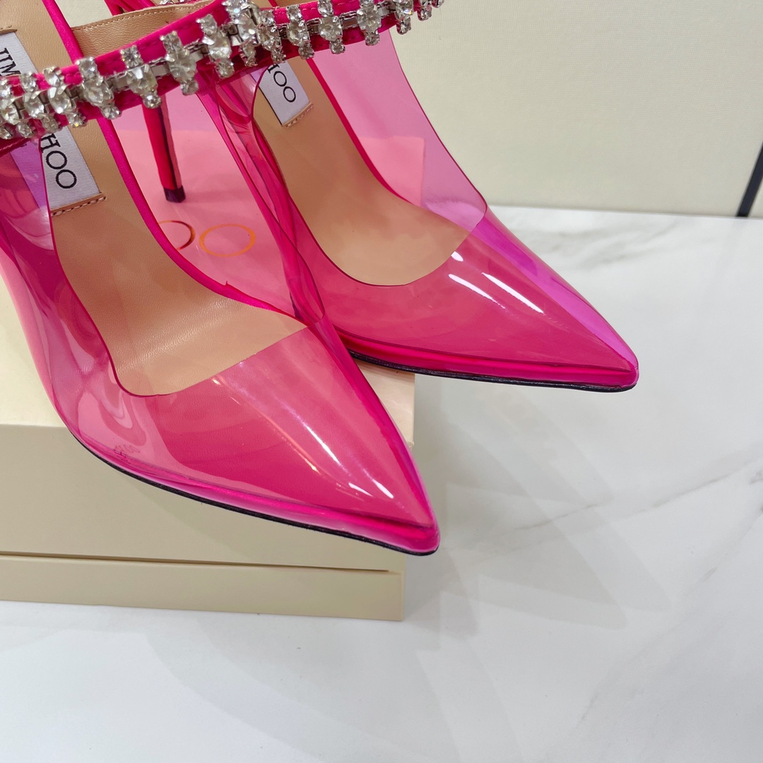 Jimmy Choo Bing 100 Hot Pink Neon Plexi Mules mit rosa Kristallriemen - EUR FASHION
