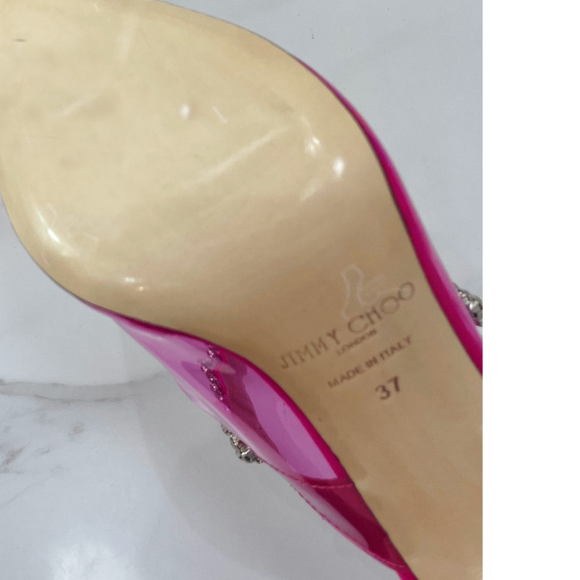 Jimmy Choo Bing 100 Hot Pink Neon Plexi Mules mit rosa Kristallriemen - EUR FASHION